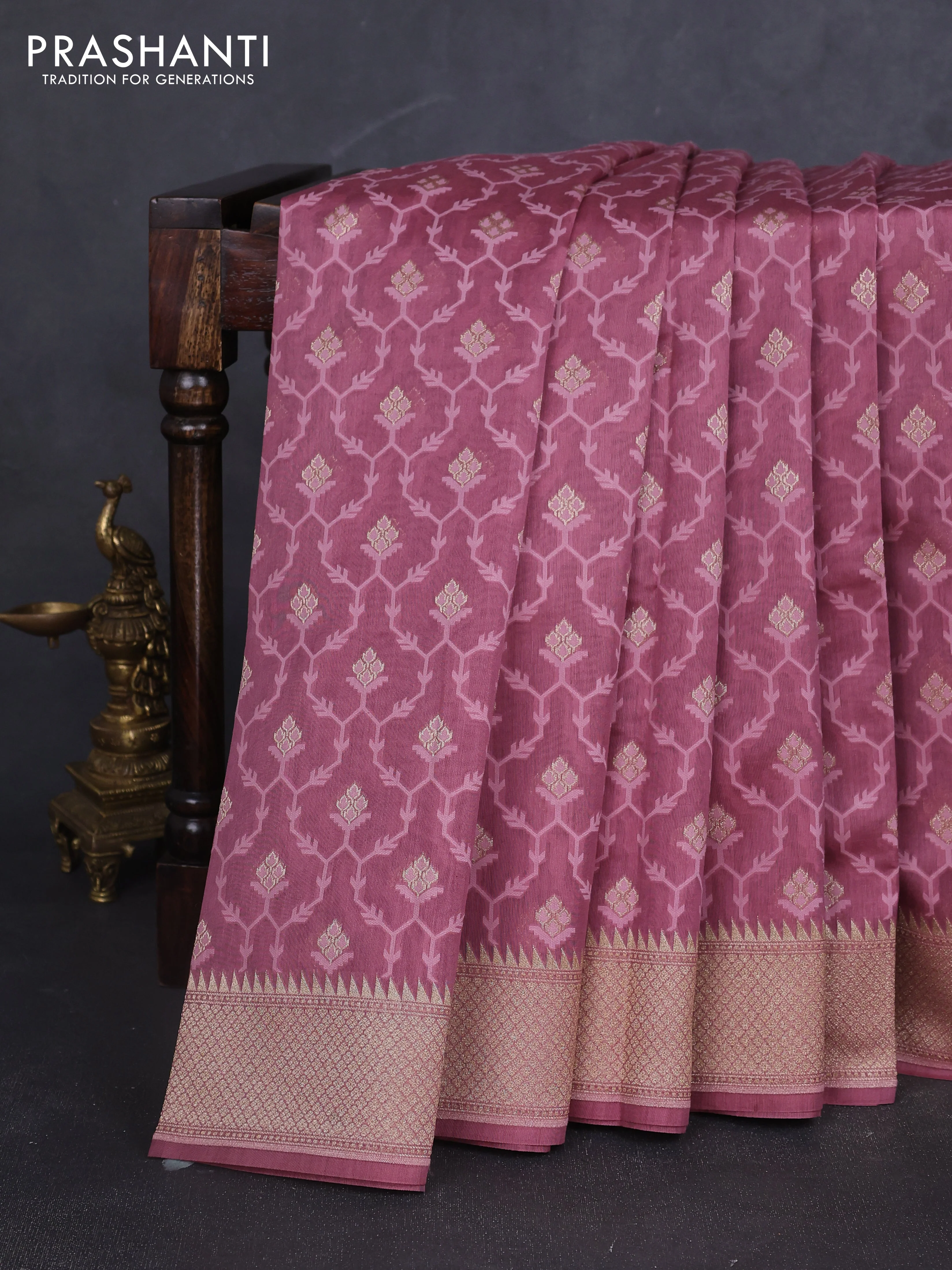 Banarasi silk cotton saree mauve pink with allover thread weaves & zari woven buttas and zari woven border