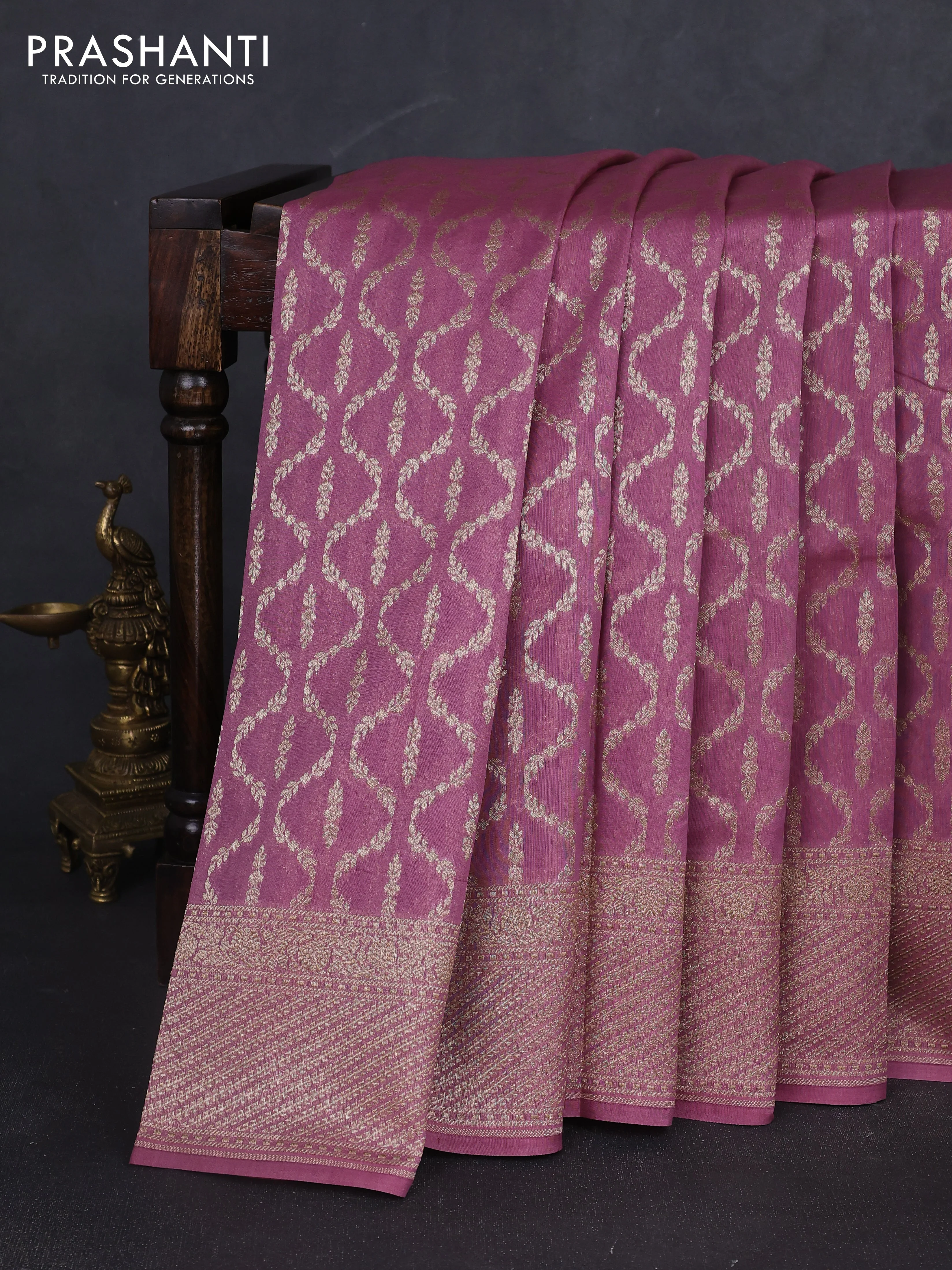 Banarasi silk cotton saree mauve pink with allover zari weaves and zari woven border