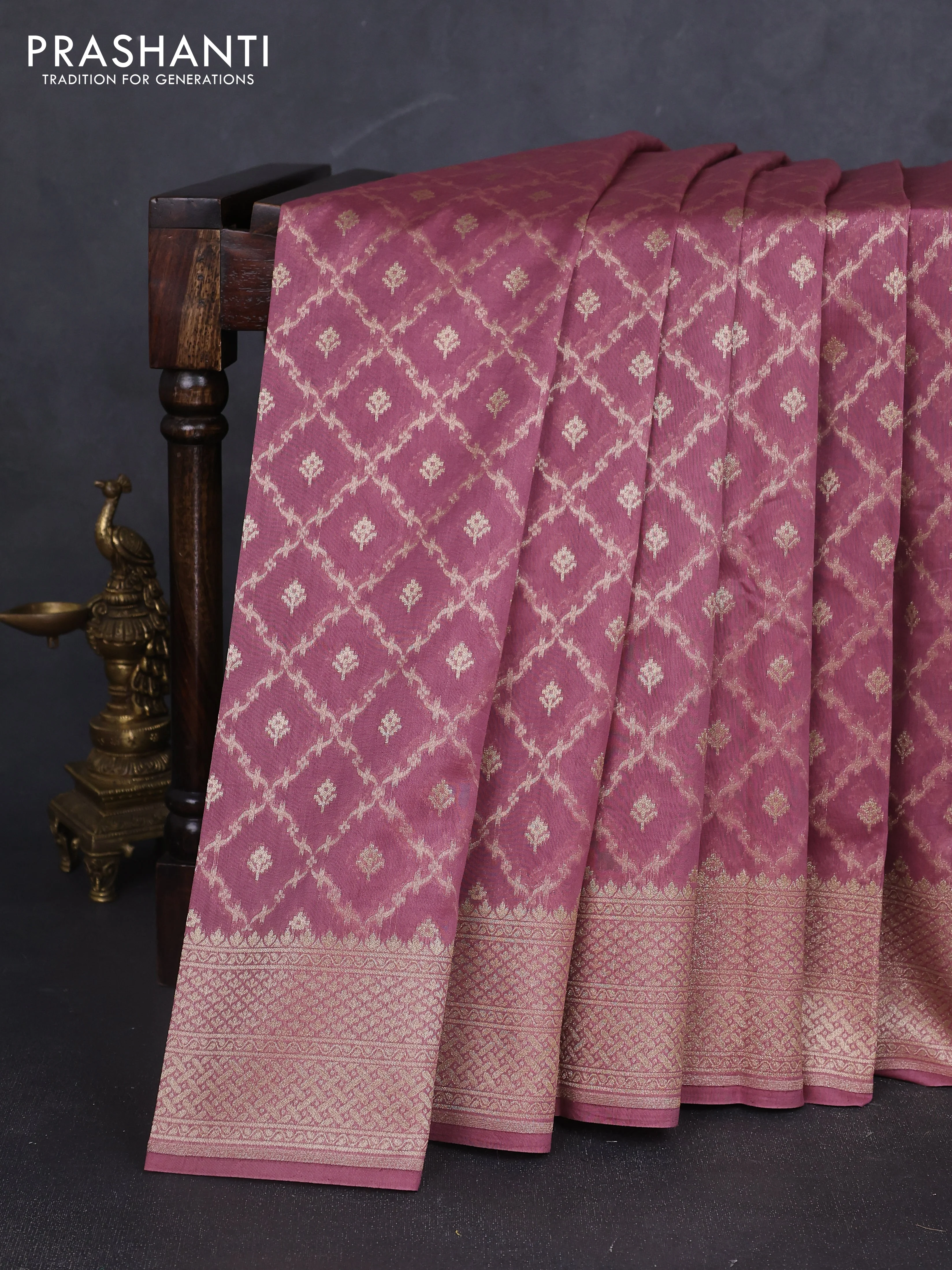 Banarasi silk cotton saree mauve pink with allover zari woven buttas and zari woven border