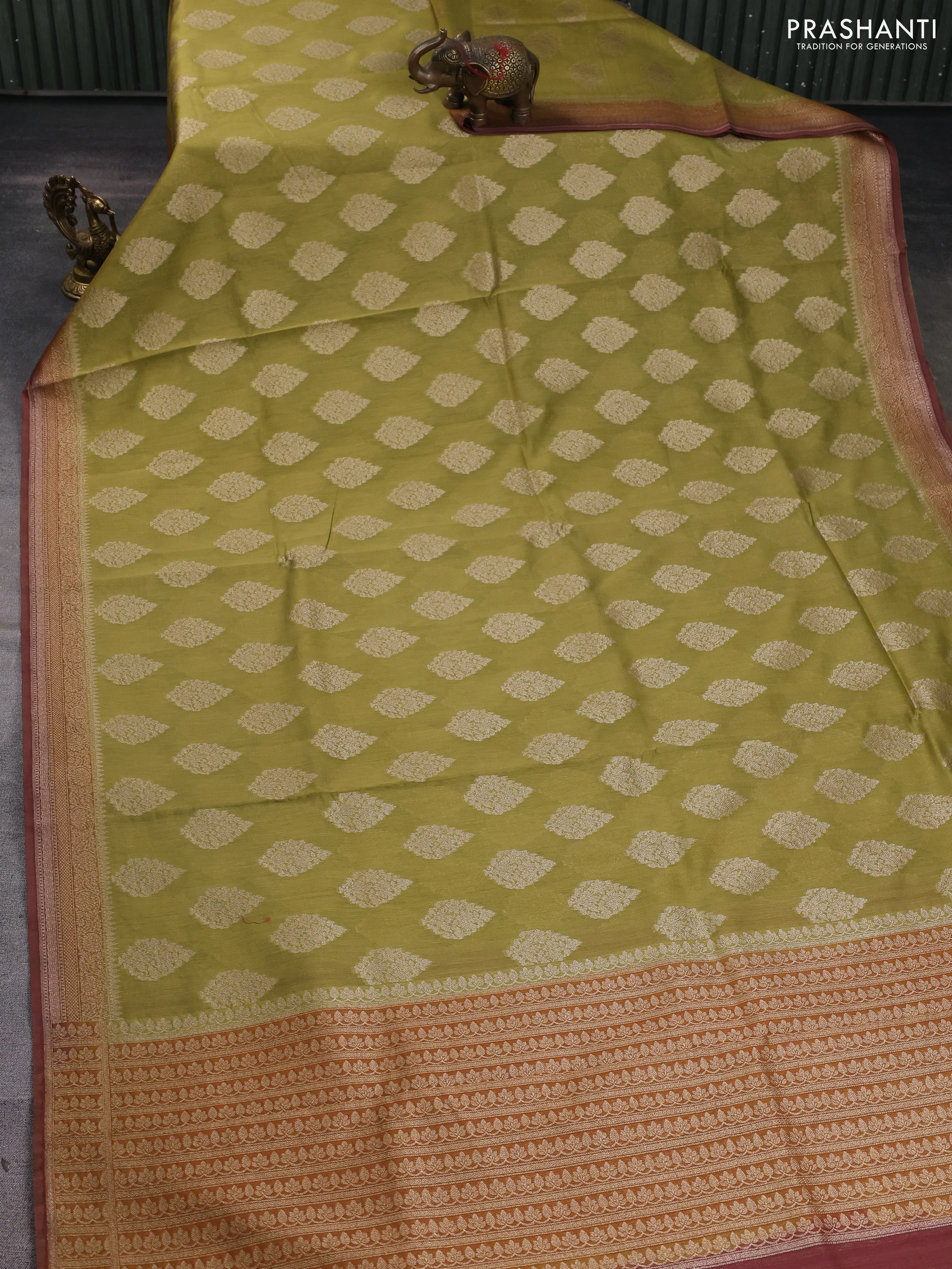 Banarasi silk cotton saree mehendi green and brown with zari woven buttas and woven border - Image 2
