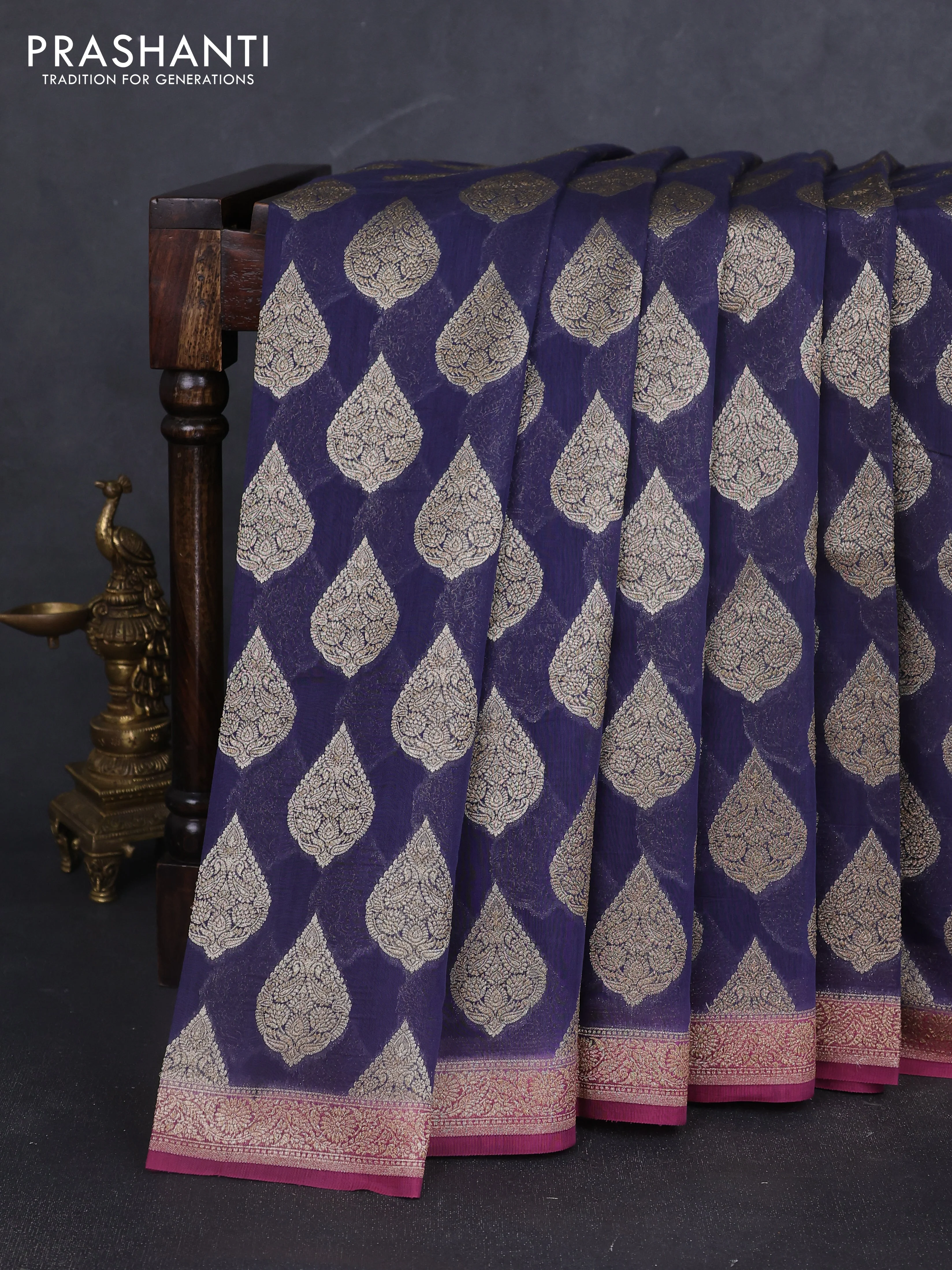 Banarasi silk cotton saree navy blue and mauve pink with allover zari woven buttas and zari woven border