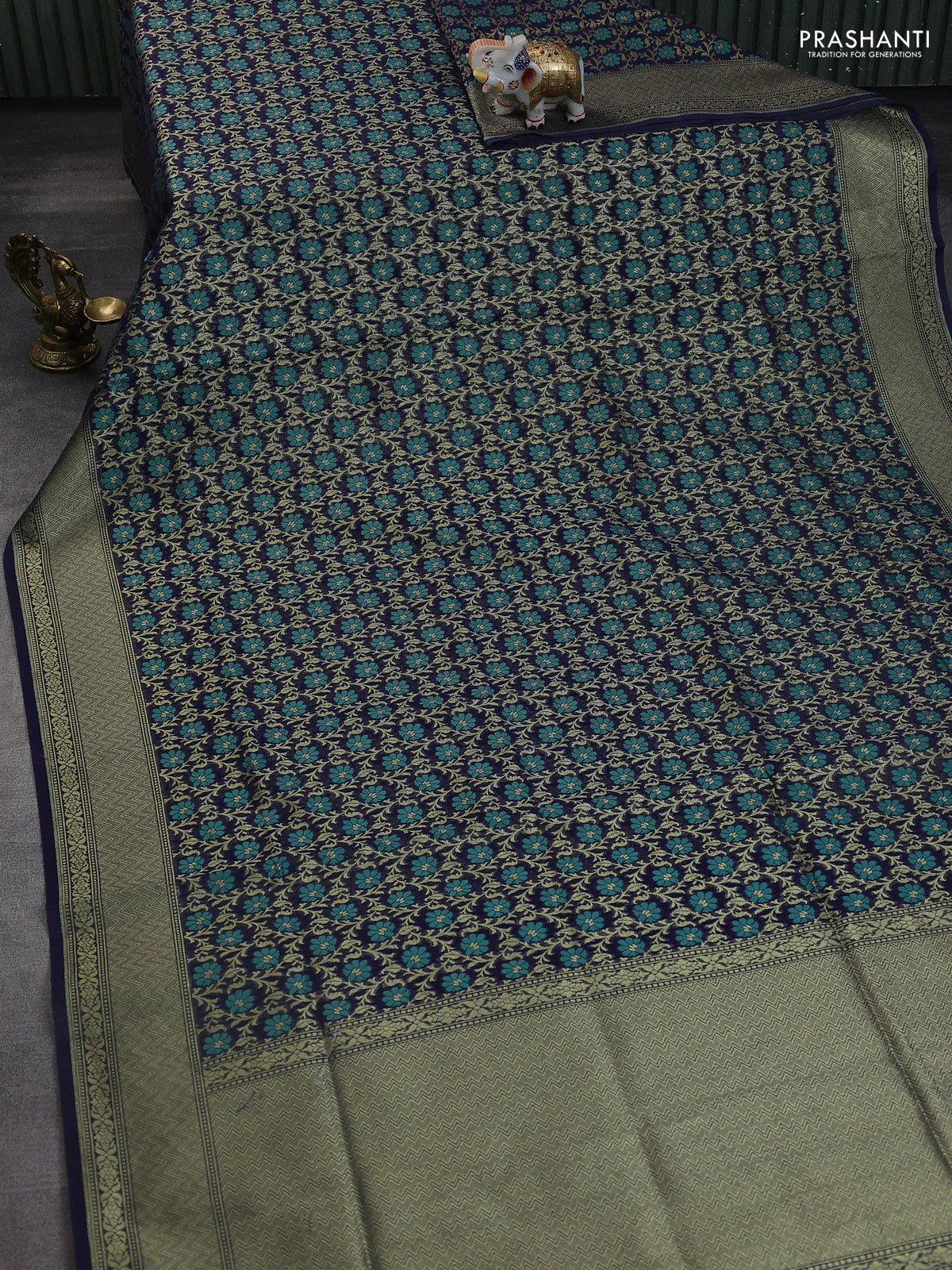 Banarasi silk cotton saree navy blue with allover zari weaves and zari woven border - Image 2