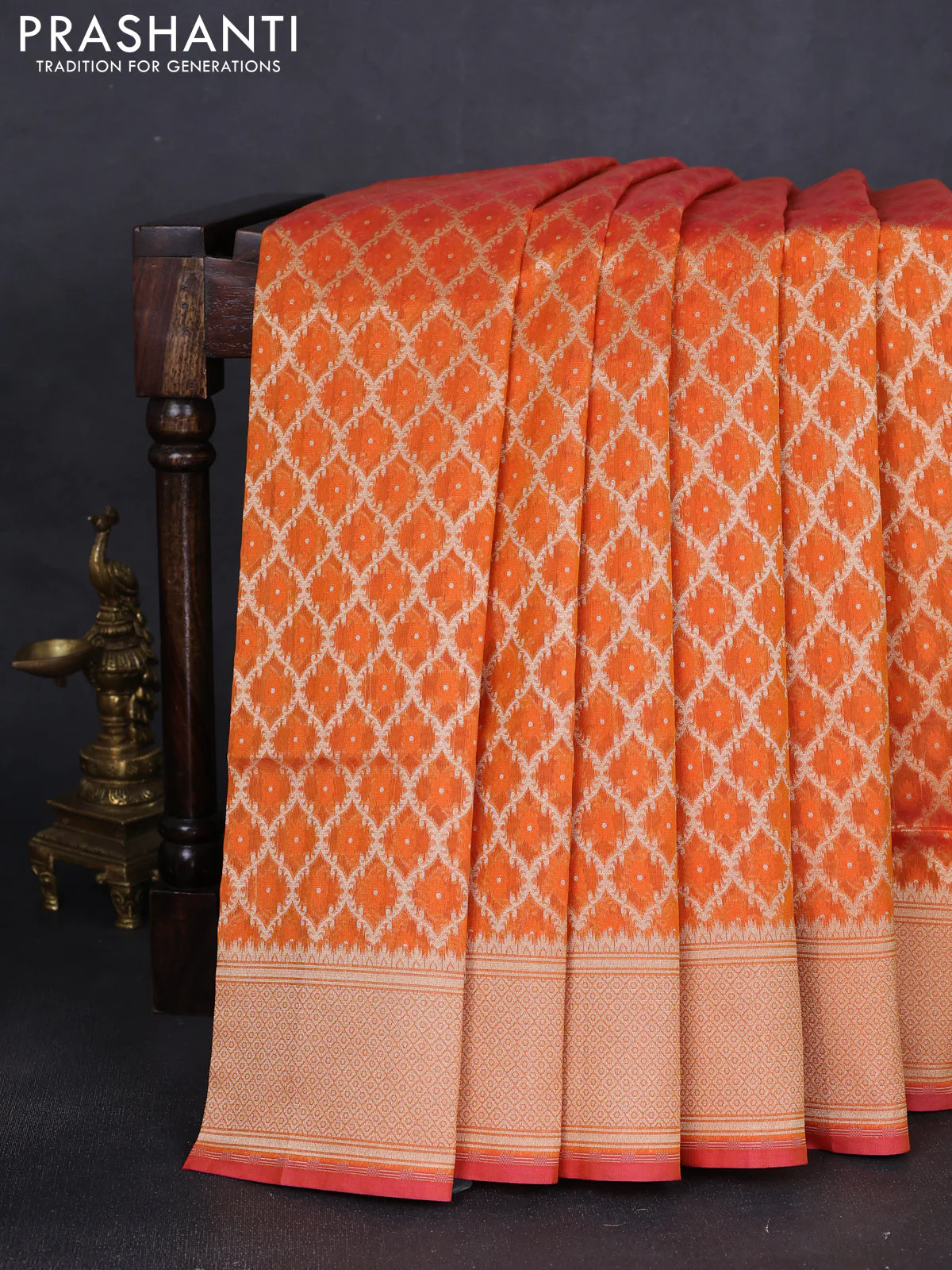 Banarasi silk cotton saree orange with allover zari weaves & thread woven buttas and temple zari woven border