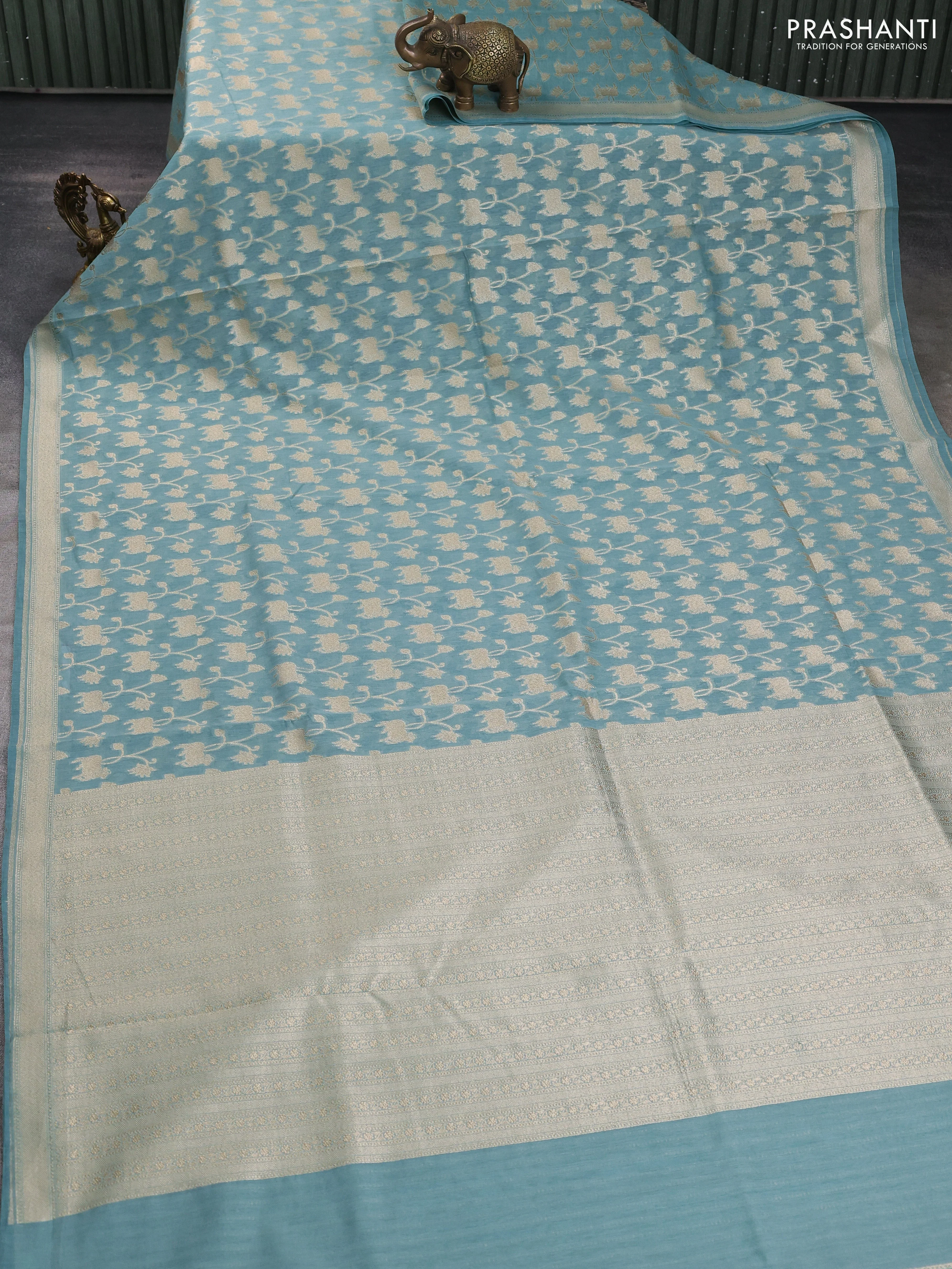 Banarasi silk cotton saree pastel blue with allover pichwai zari woven butta weaves and zari woven border - Image 2