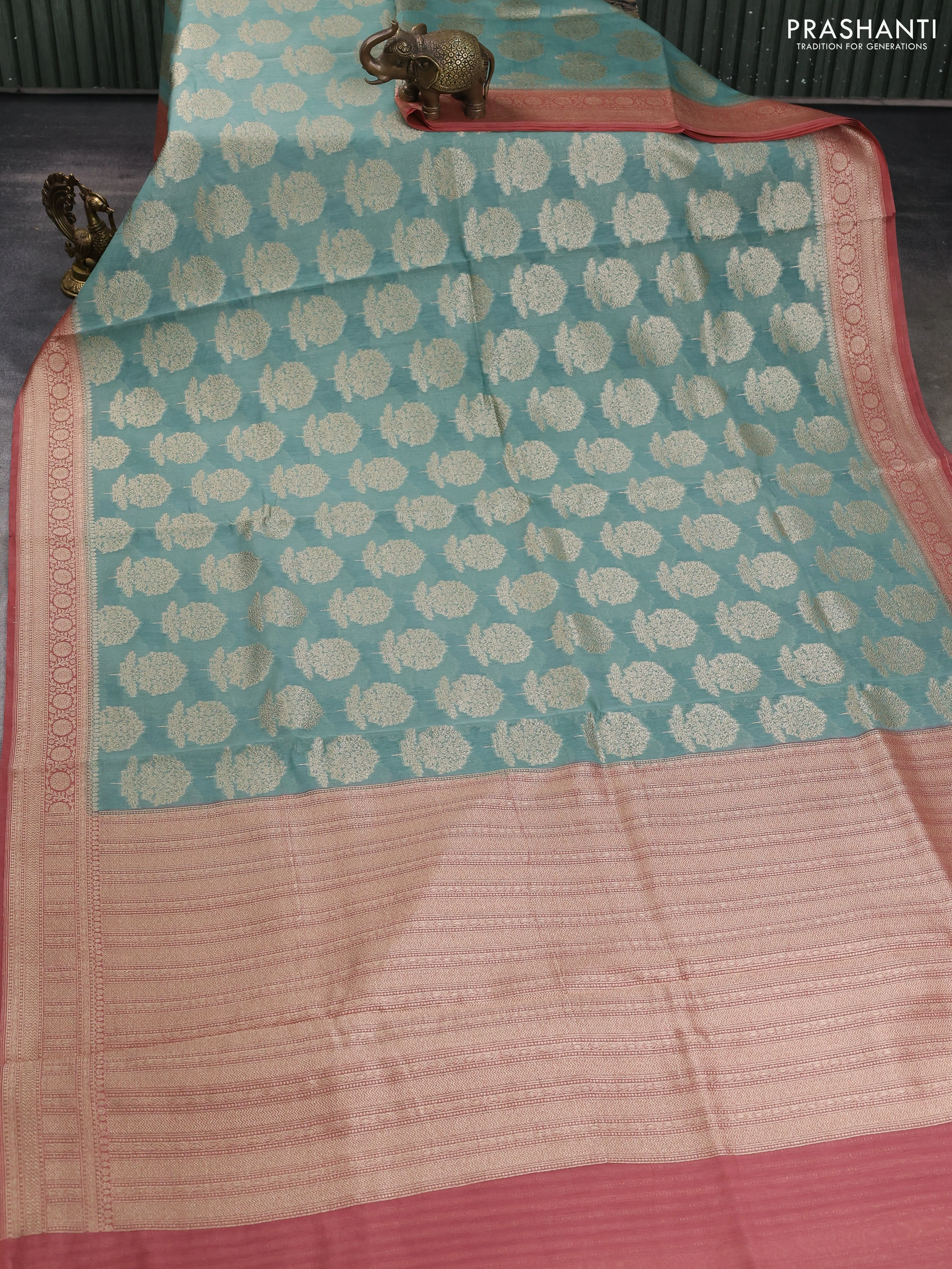 Banarasi silk cotton saree pastel green and peach pink with allover zari woven buttas and zari woven border - Image 2