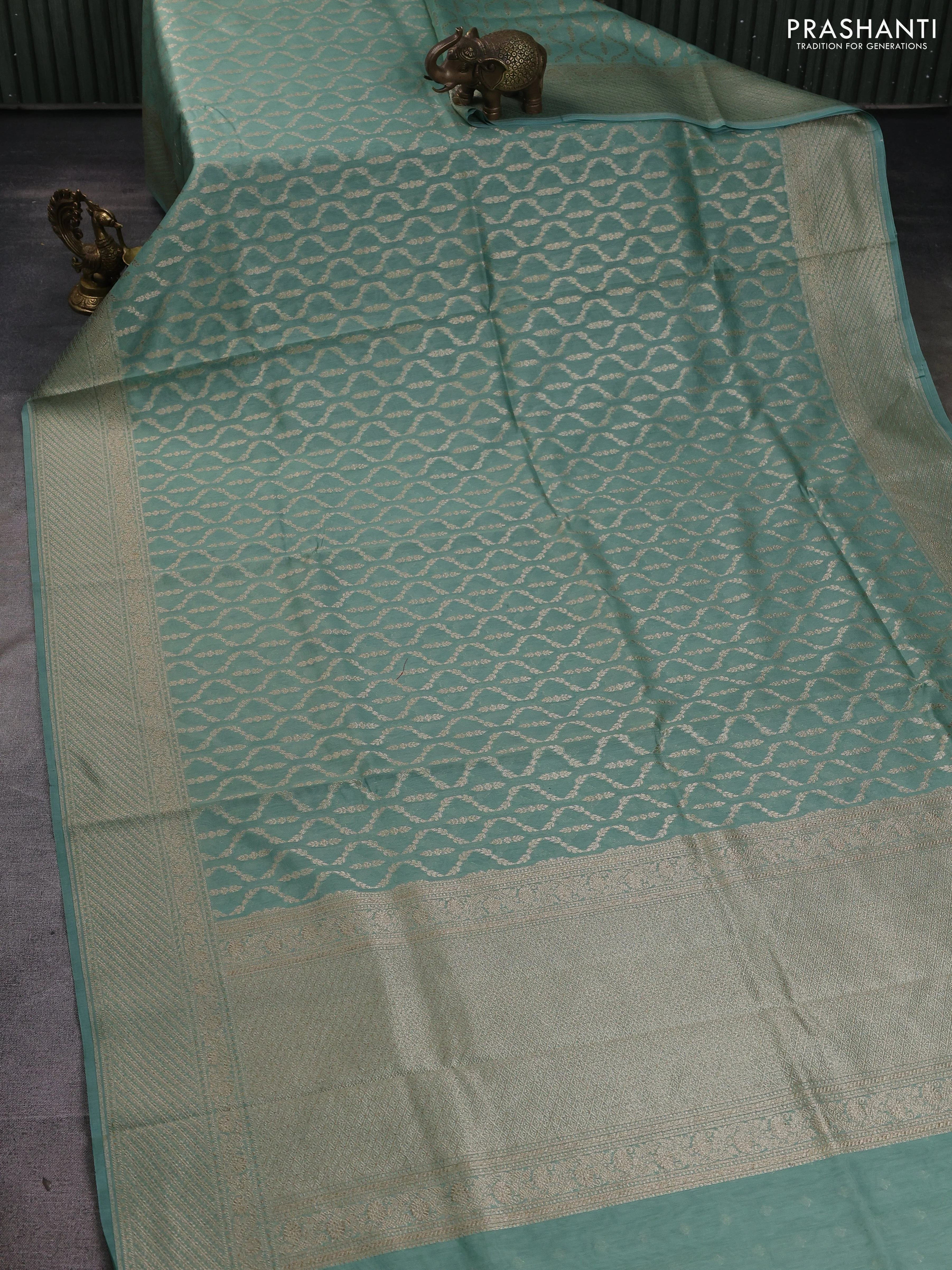 Banarasi silk cotton saree pastel green with allover zari weaves and zari woven border - Image 2