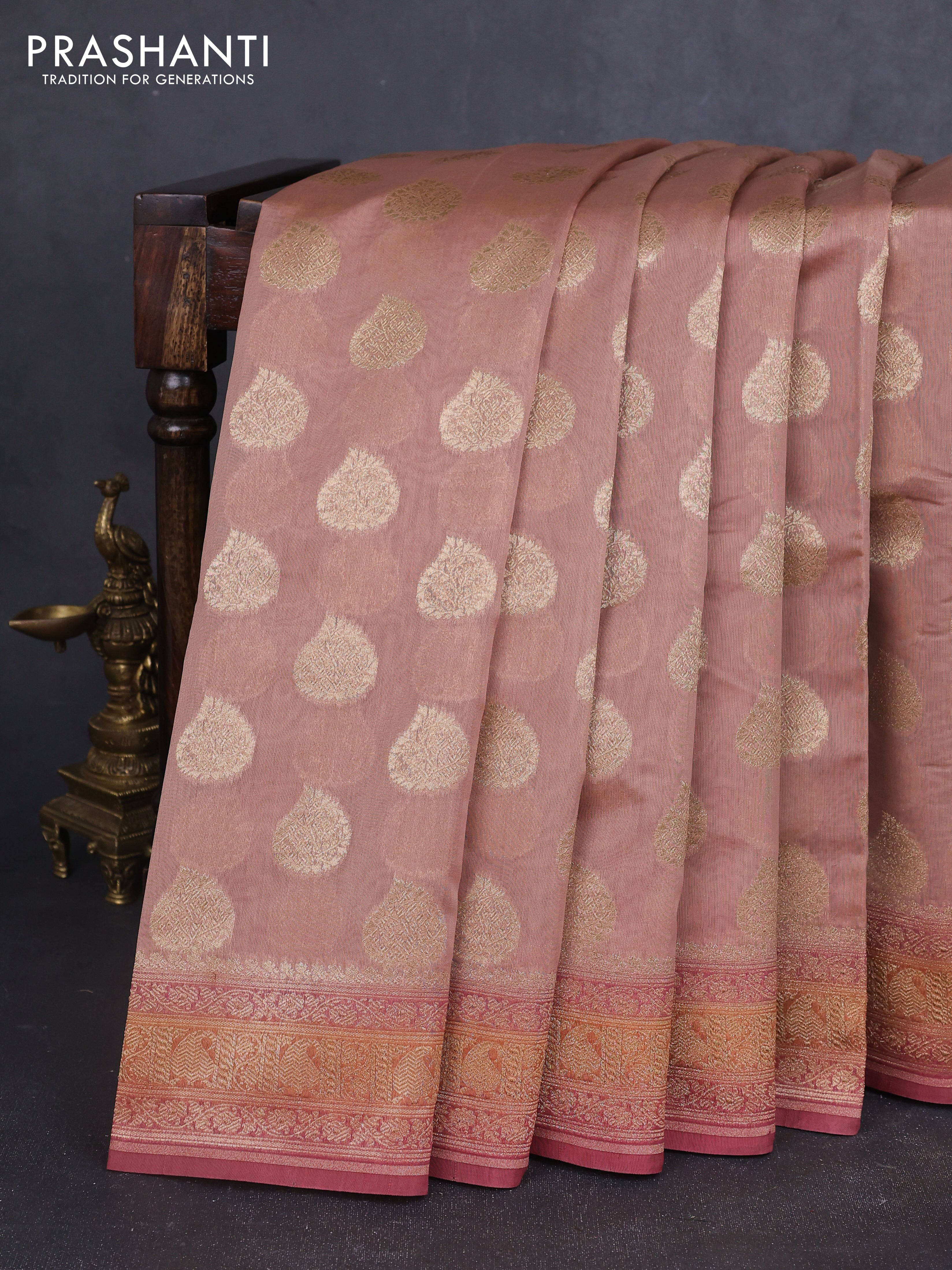 Banarasi silk cotton saree pastel peach and pastel maroon with allover zari woven buttas and zari woven border