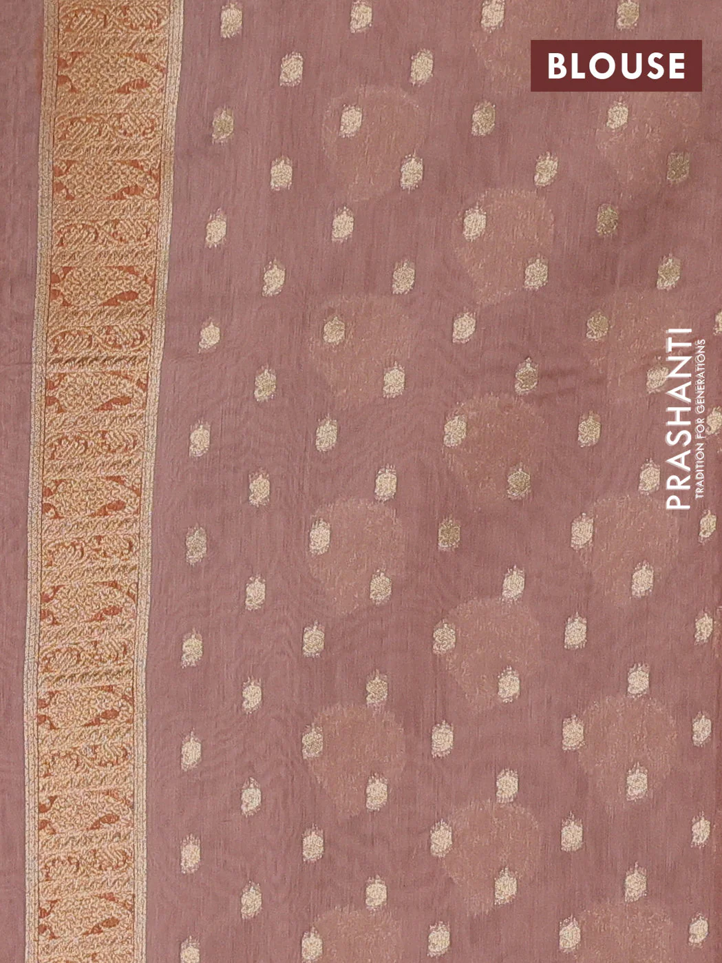 Banarasi silk cotton saree pastel peach and pastel maroon with allover zari woven buttas and zari woven border - Image 3