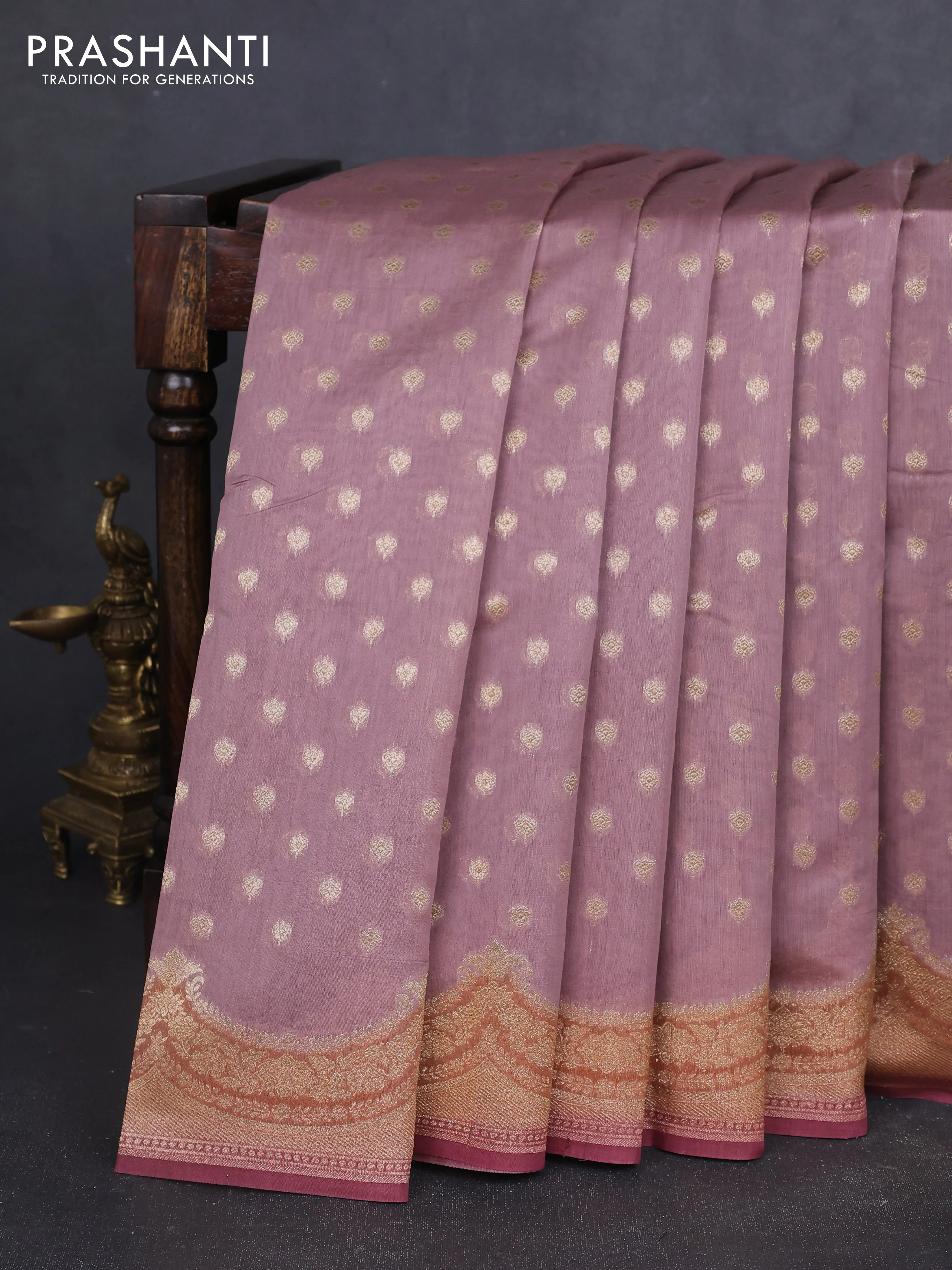 Banarasi silk cotton saree pastel pink and pastel maroon with allover zari woven buttas and zari woven border