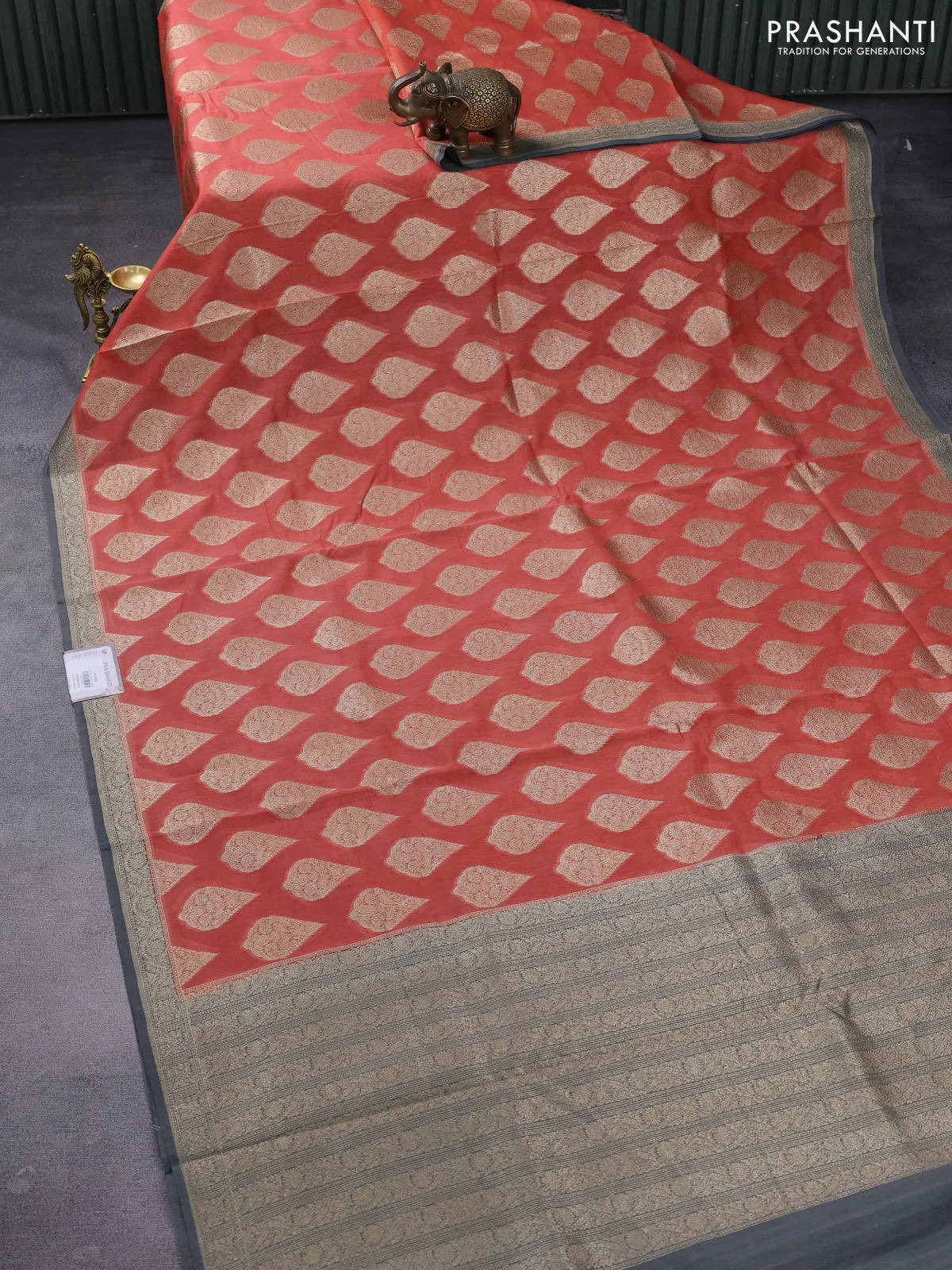 Banarasi silk cotton saree peach orange and grey with woven buttas and woven border - Image 2