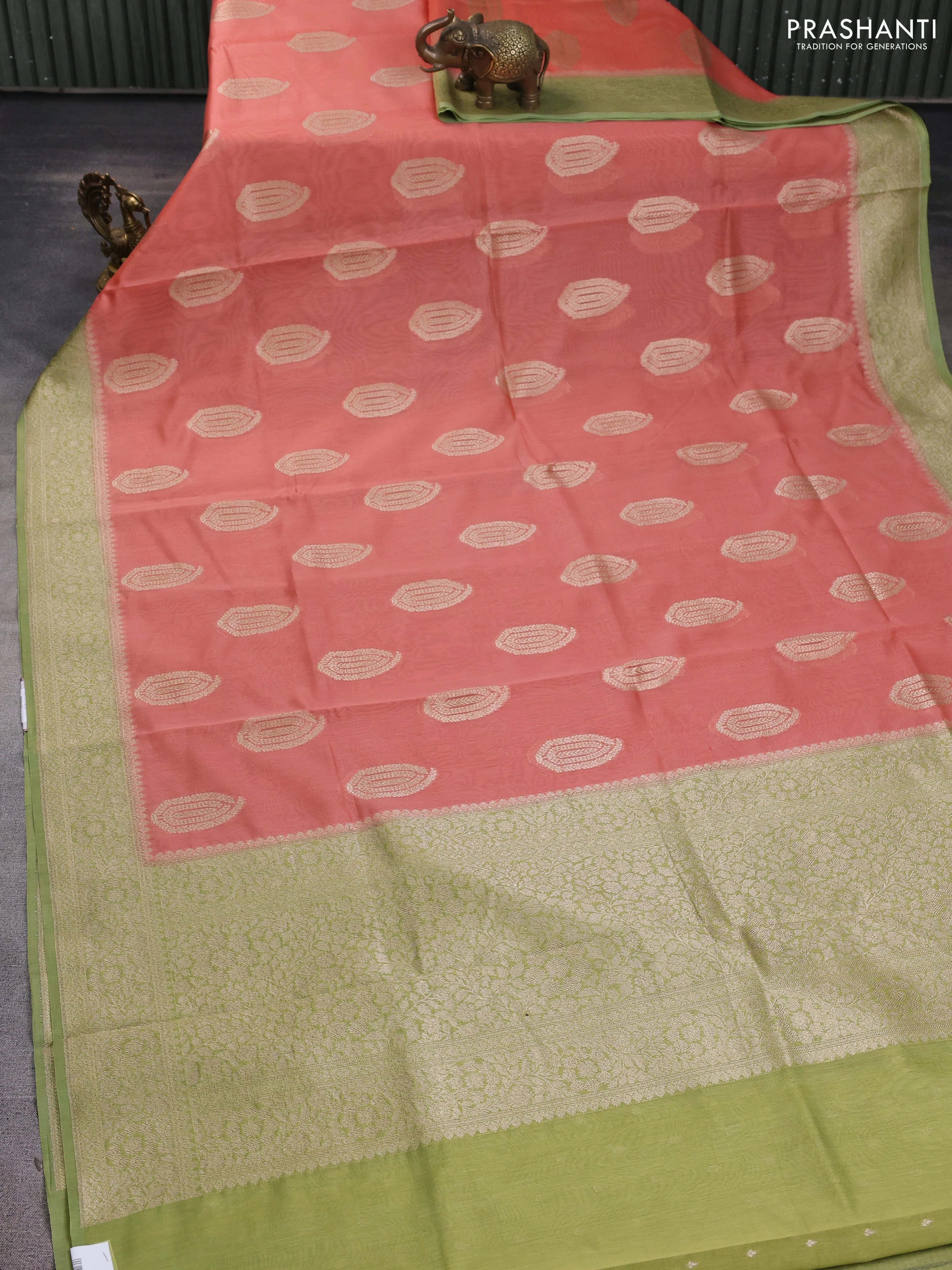 Banarasi silk cotton saree peach orange and light green with zari woven buttas and zari woven border - Image 2