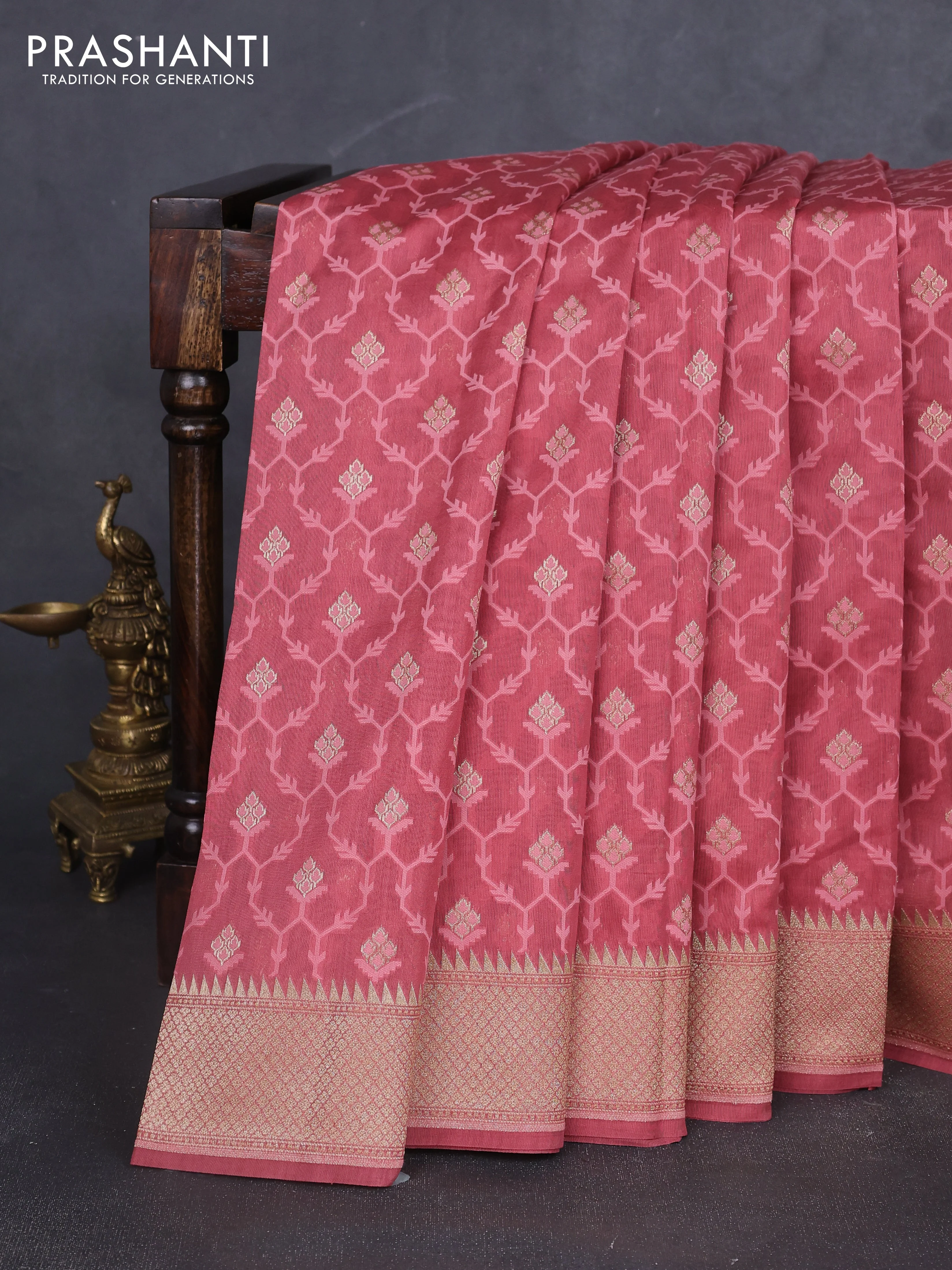 Banarasi silk cotton saree peach pink with allover thread weaves & zari woven buttas and zari woven border