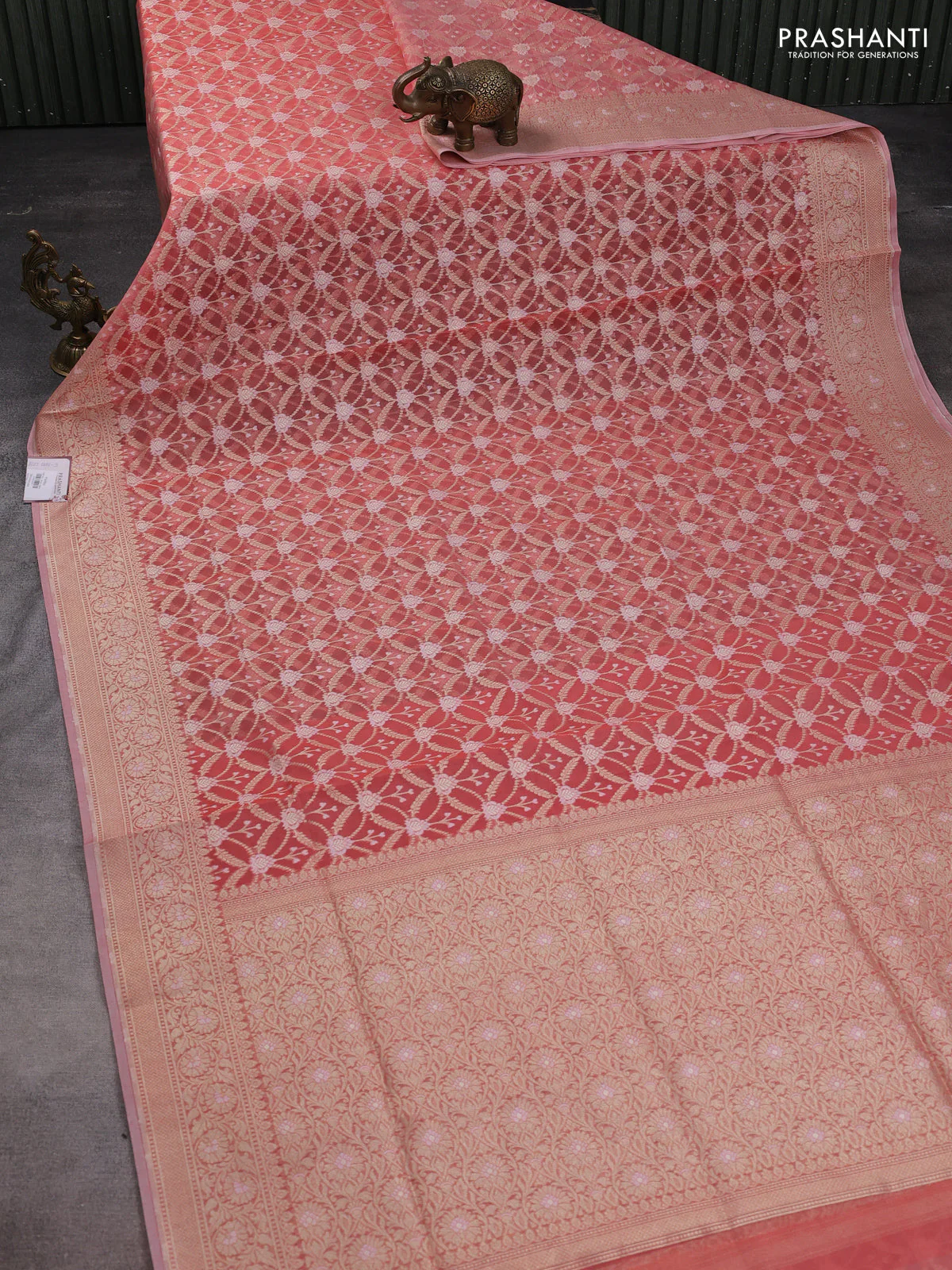 Banarasi silk cotton saree peach pink with allover zari weaves and zari woven border - Image 2