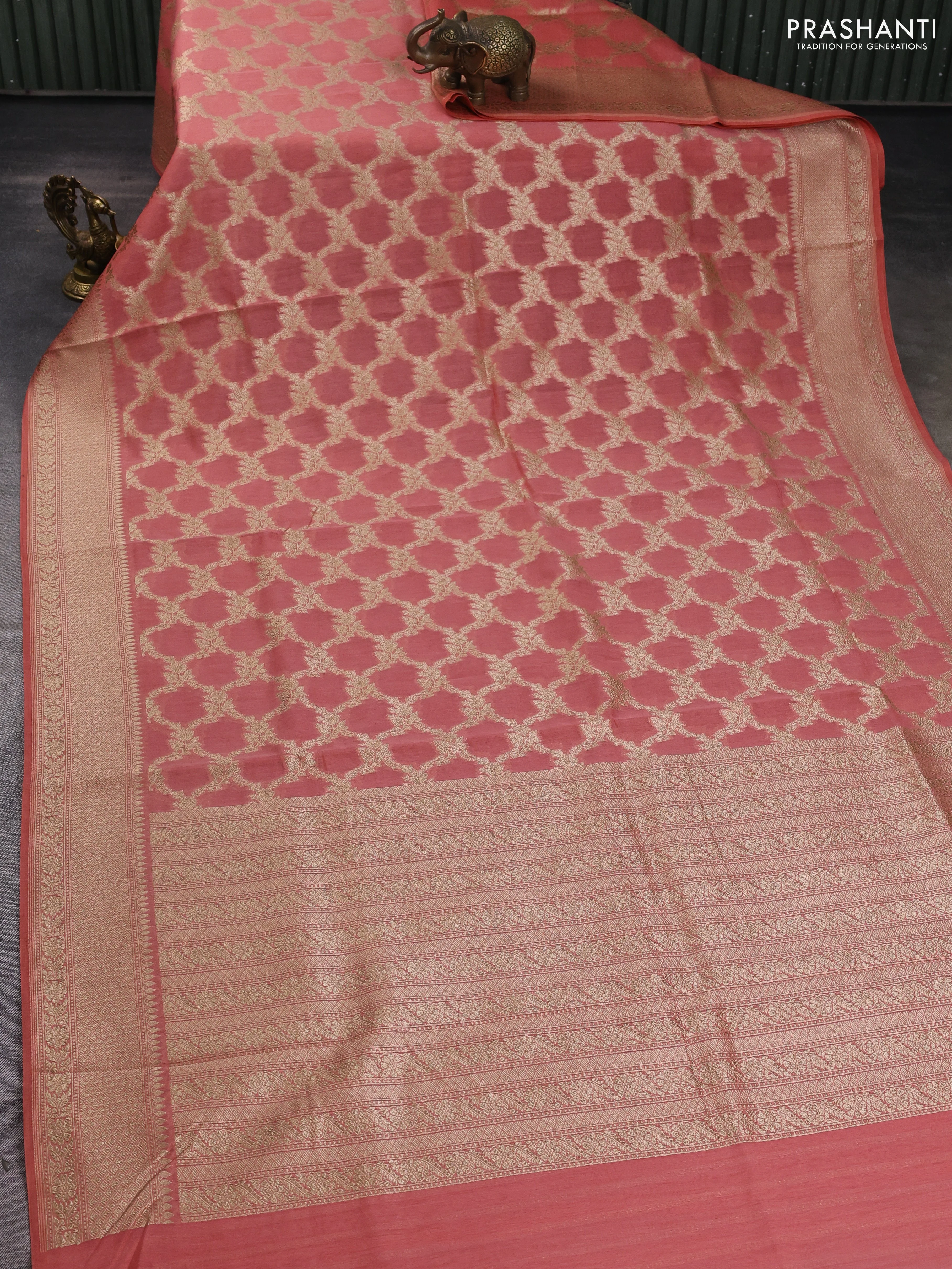 Banarasi silk cotton saree peach pink with allover zari weaves and zari woven border - Image 2
