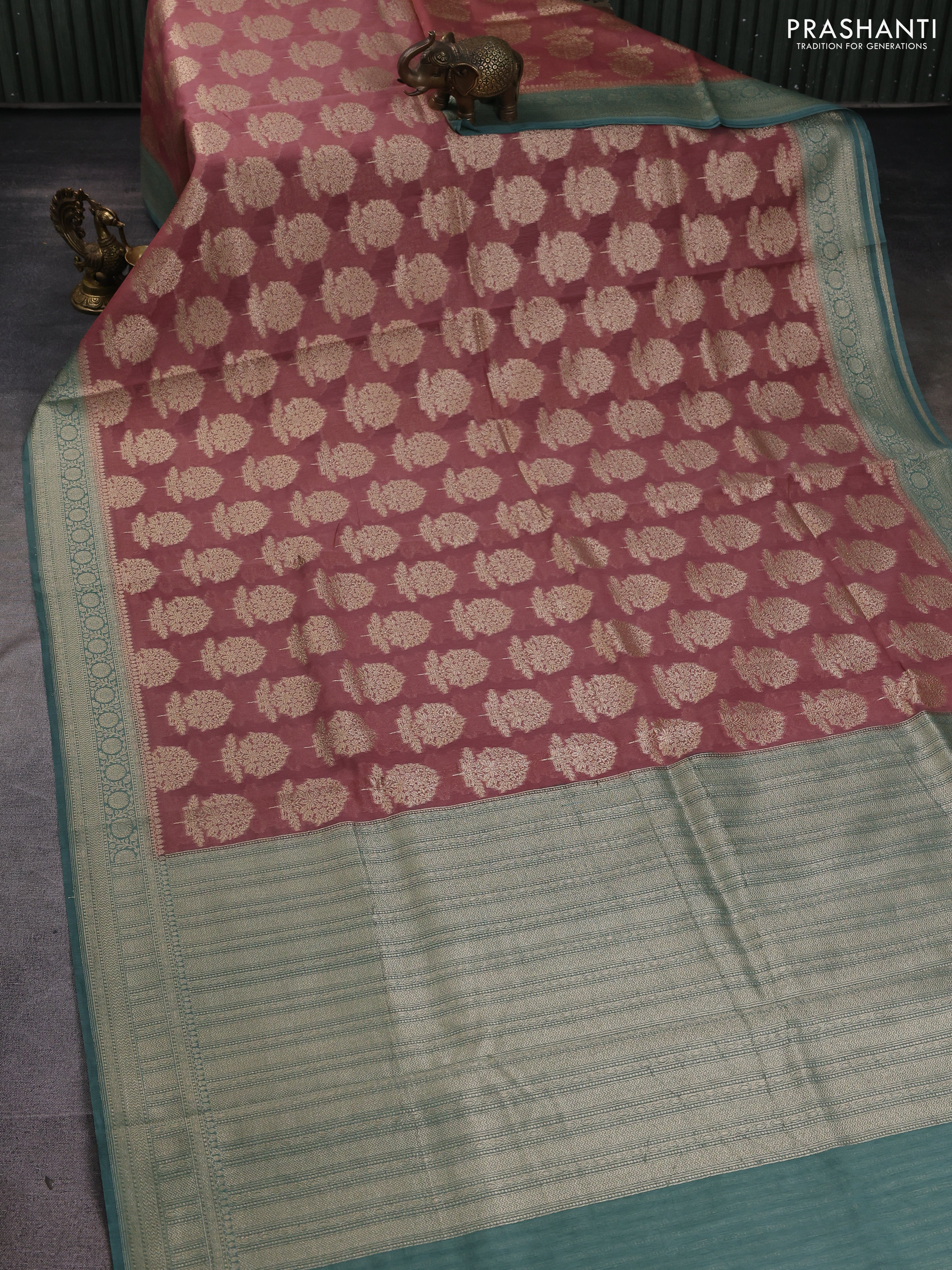 Banarasi silk cotton saree peach shade and pastel green with allover zari woven buttas and zari woven border - Image 2
