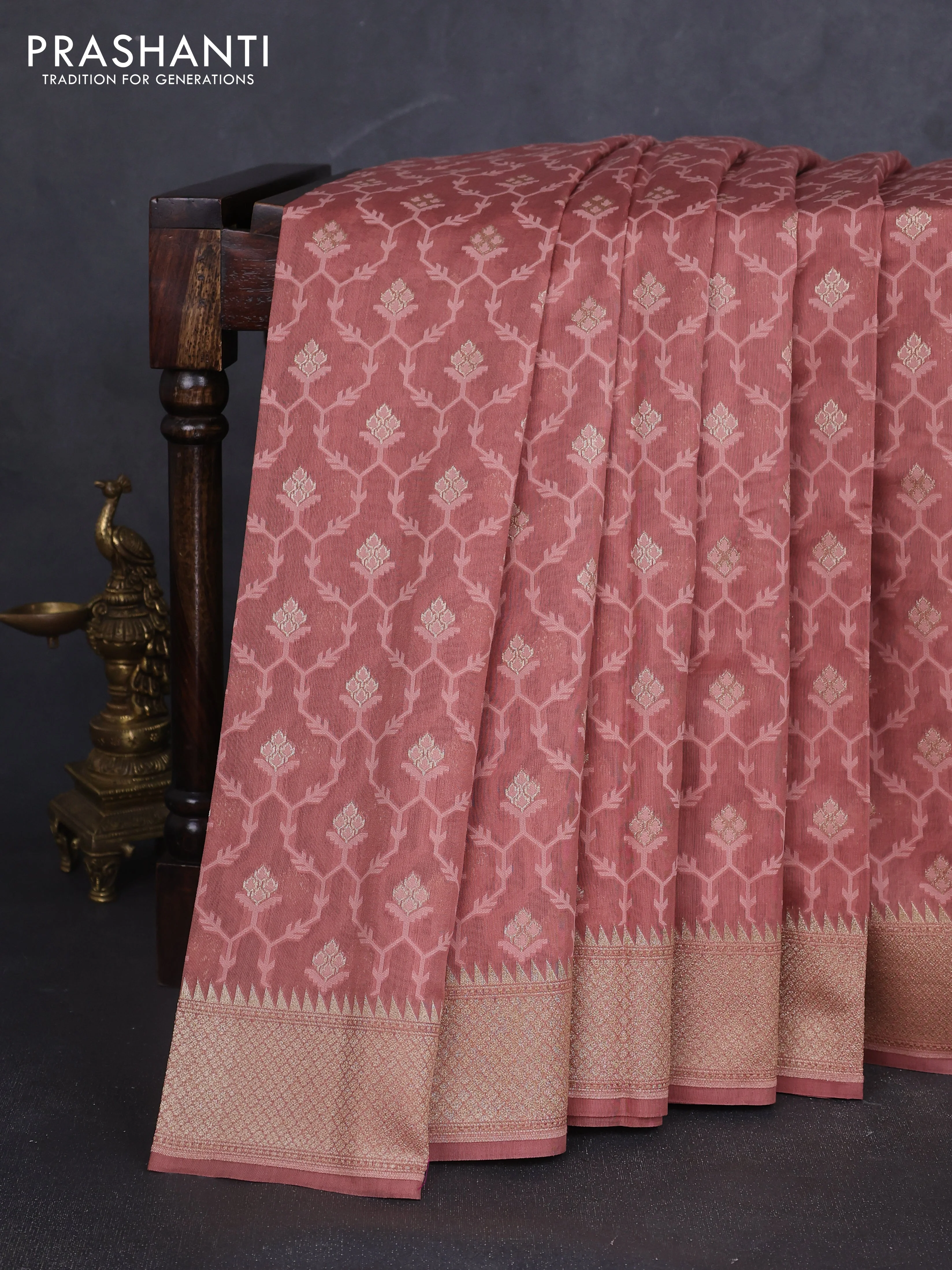 Banarasi silk cotton saree peach shade with allover thread weaves & zari woven buttas and zari woven border