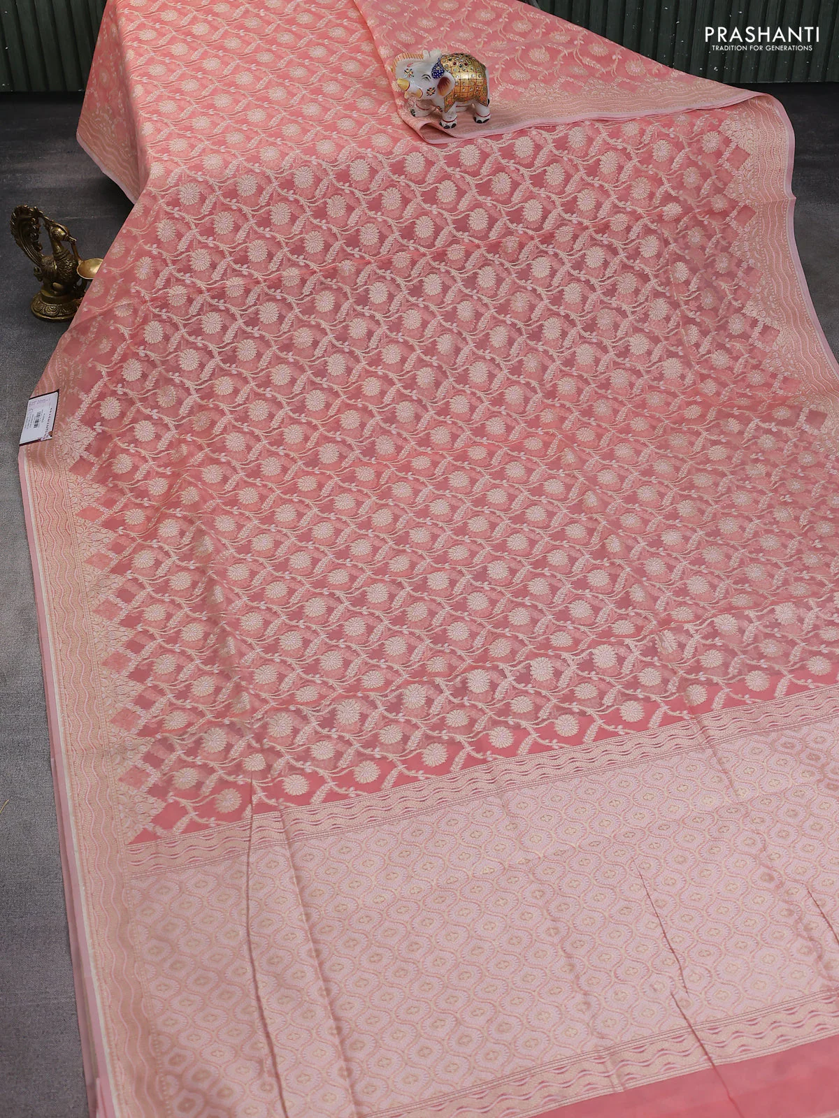 Banarasi silk cotton saree peach shade with allover zari weaves and thread & zari woven border - Image 2
