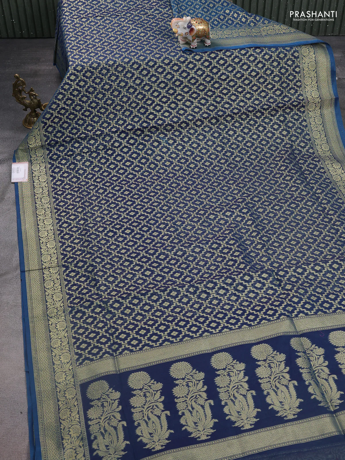 Banarasi silk cotton saree peacock blue with allover zari weaves and zari woven border - Image 2