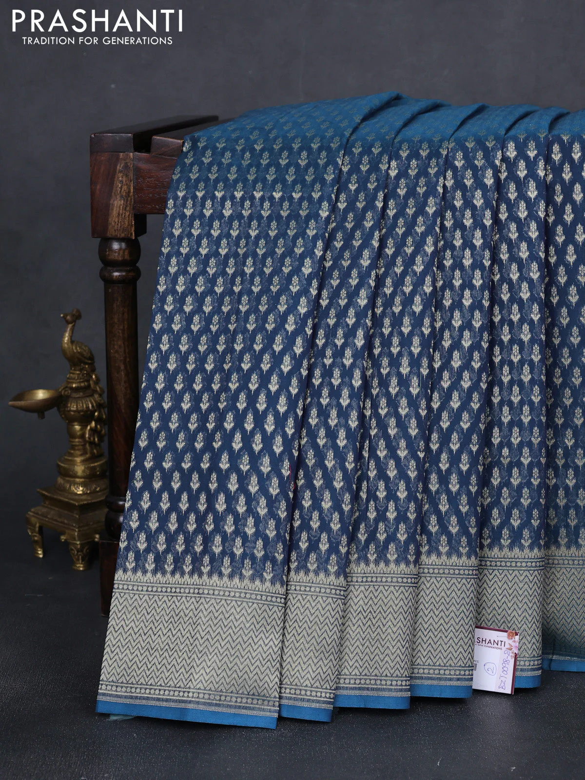 Banarasi silk cotton saree peacock blue with allover zari woven buttas and temple zari woven border