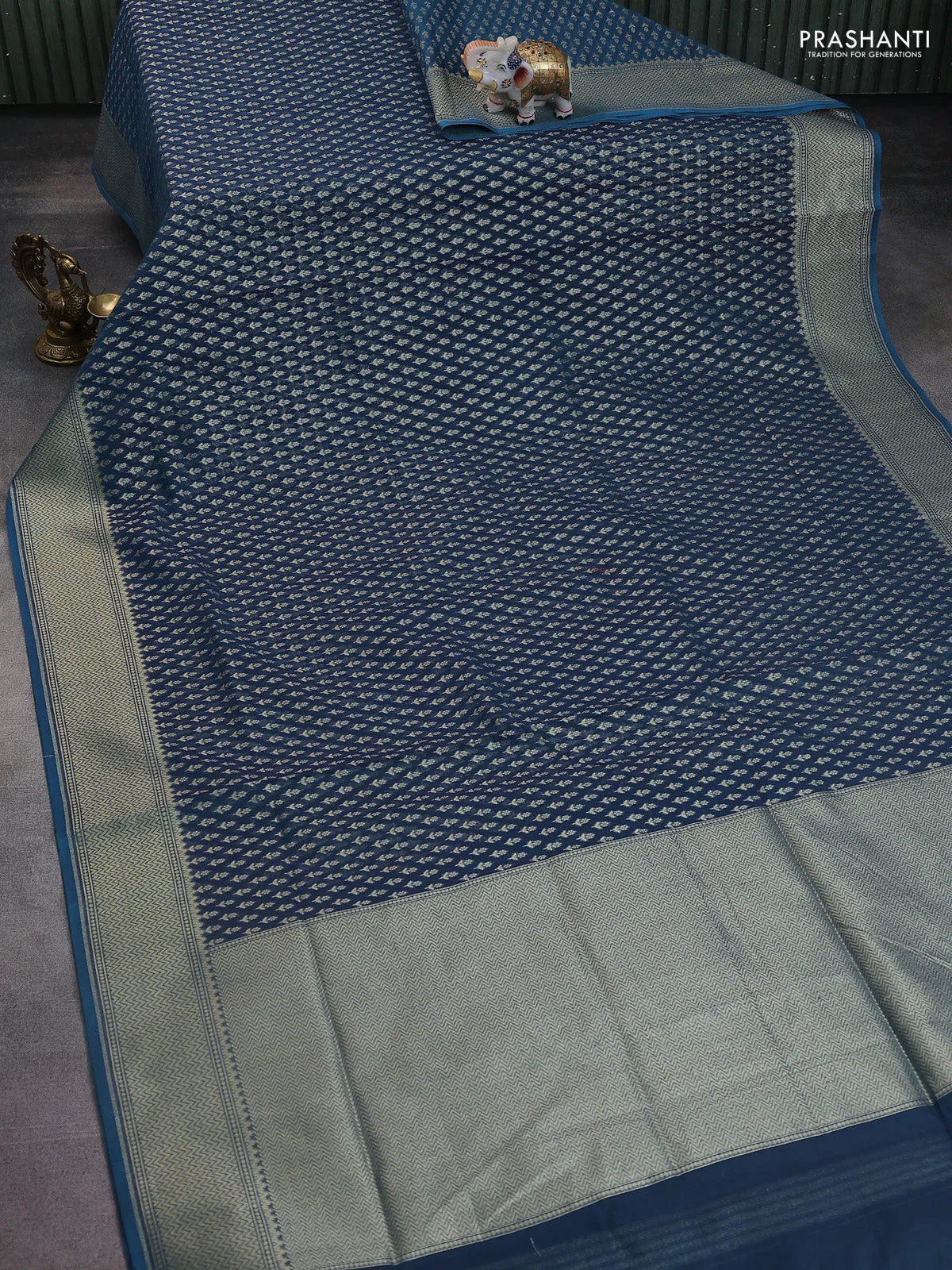 Banarasi silk cotton saree peacock blue with allover zari woven buttas and temple zari woven border - Image 2