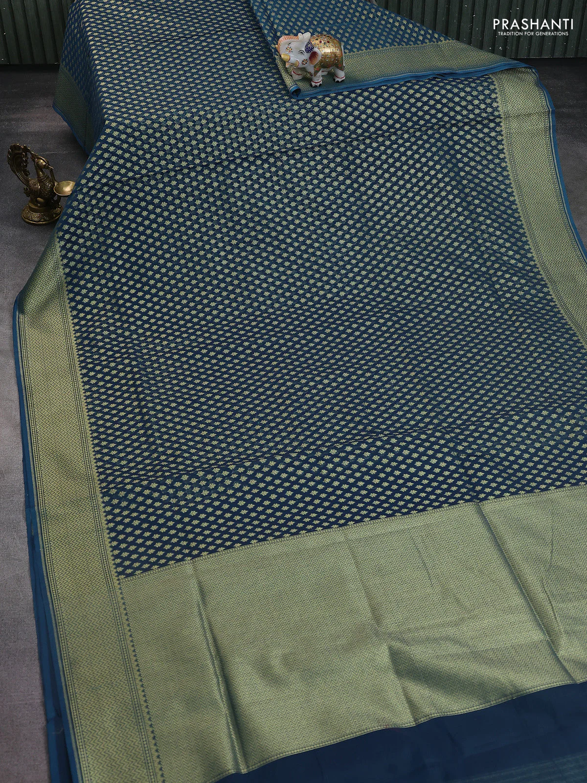Banarasi silk cotton saree peacock blue with allover zari woven buttas and zari woven border - Image 2