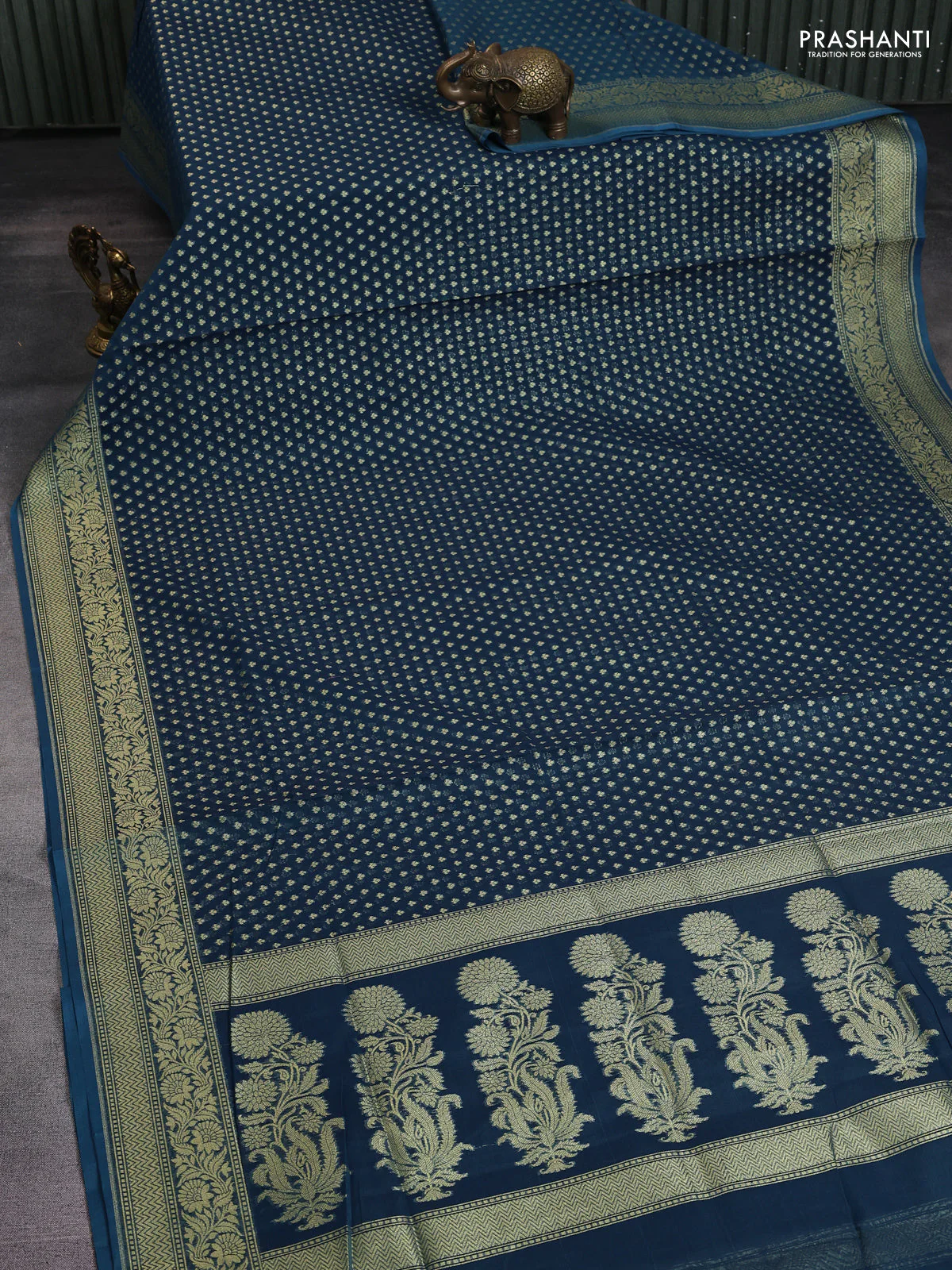 Banarasi silk cotton saree peacock blue with allover zari woven buttas and zari woven border - Image 2