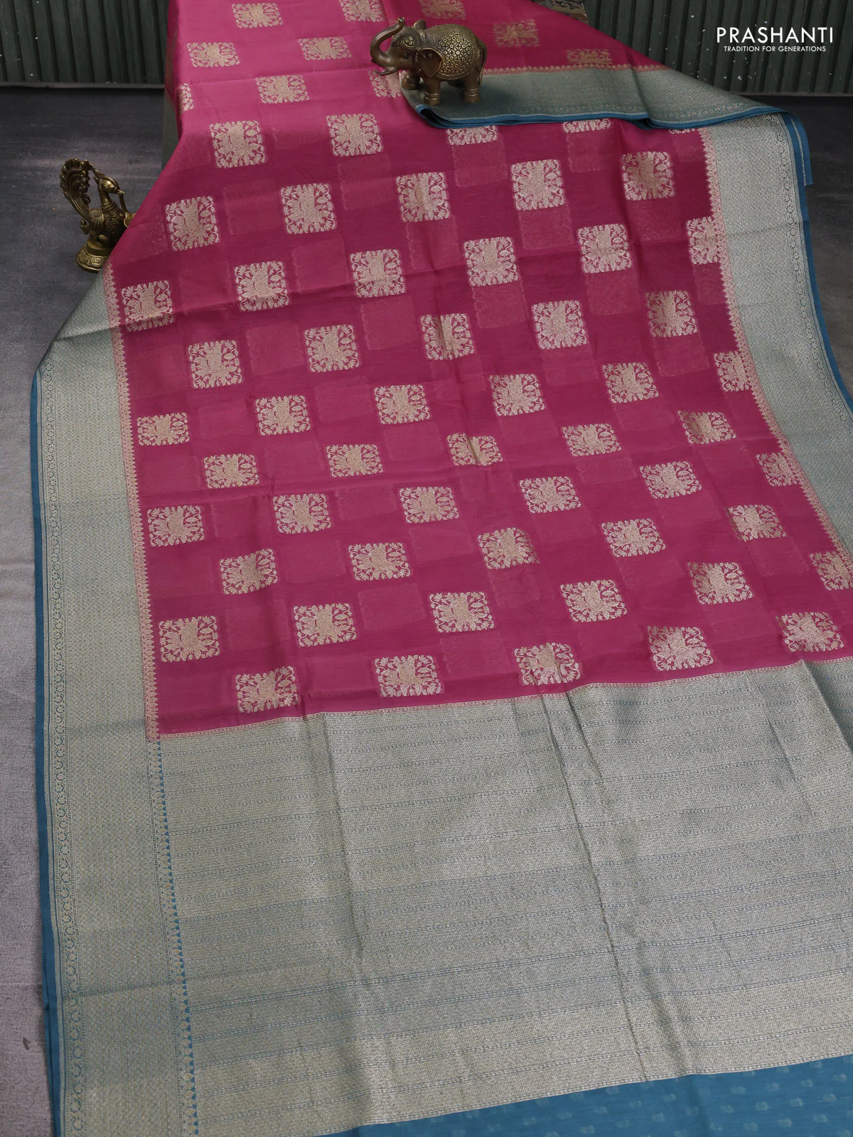 Banarasi silk cotton saree pink and peacock blue with threade & zari woven pichwai buttas and woven border - Image 2