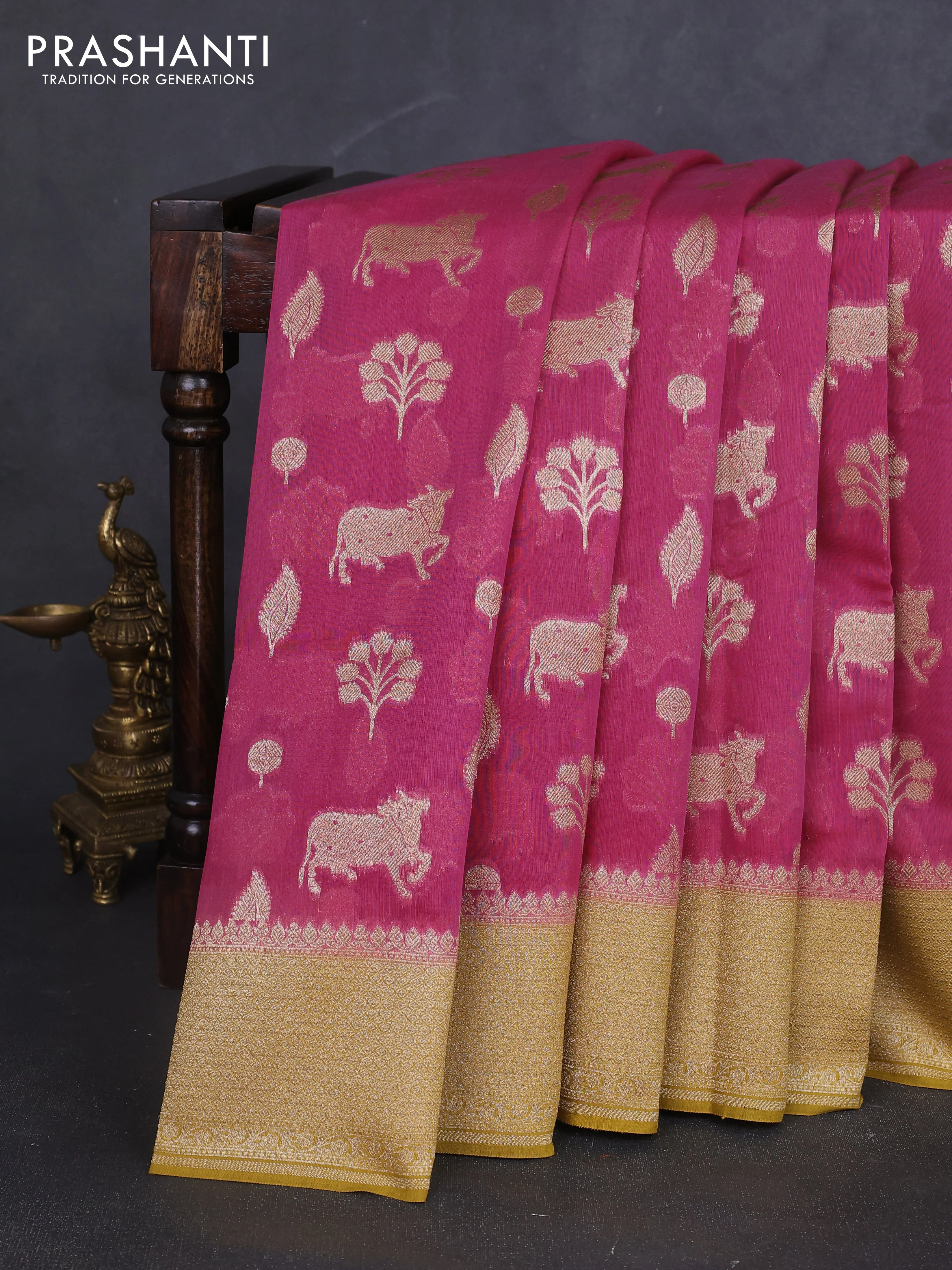 Banarasi silk cotton saree pink and yellow with zari woven buttas and woven border