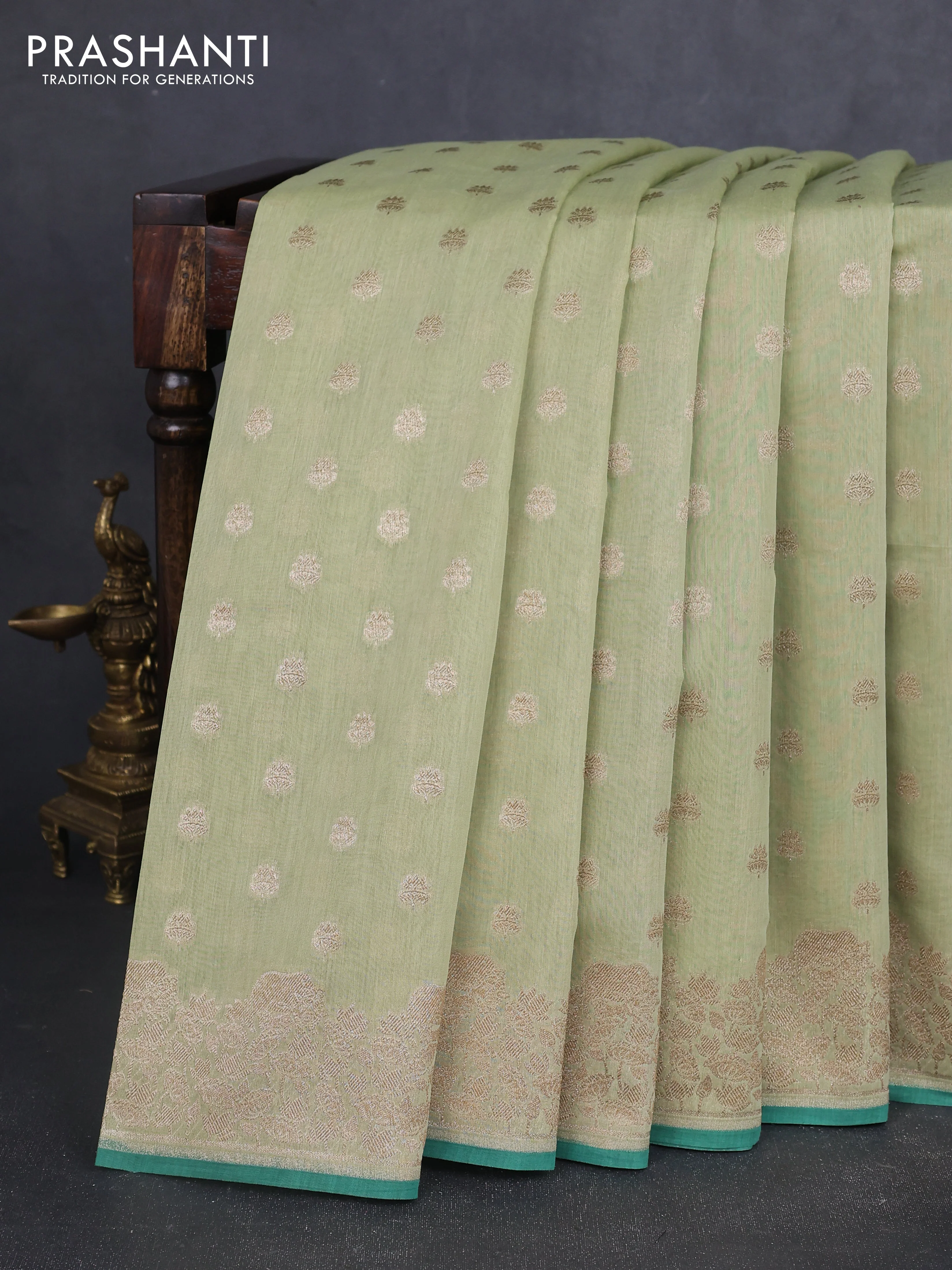 Banarasi silk cotton saree pista green and teal green with allover thread & zari woven buttas and woven border