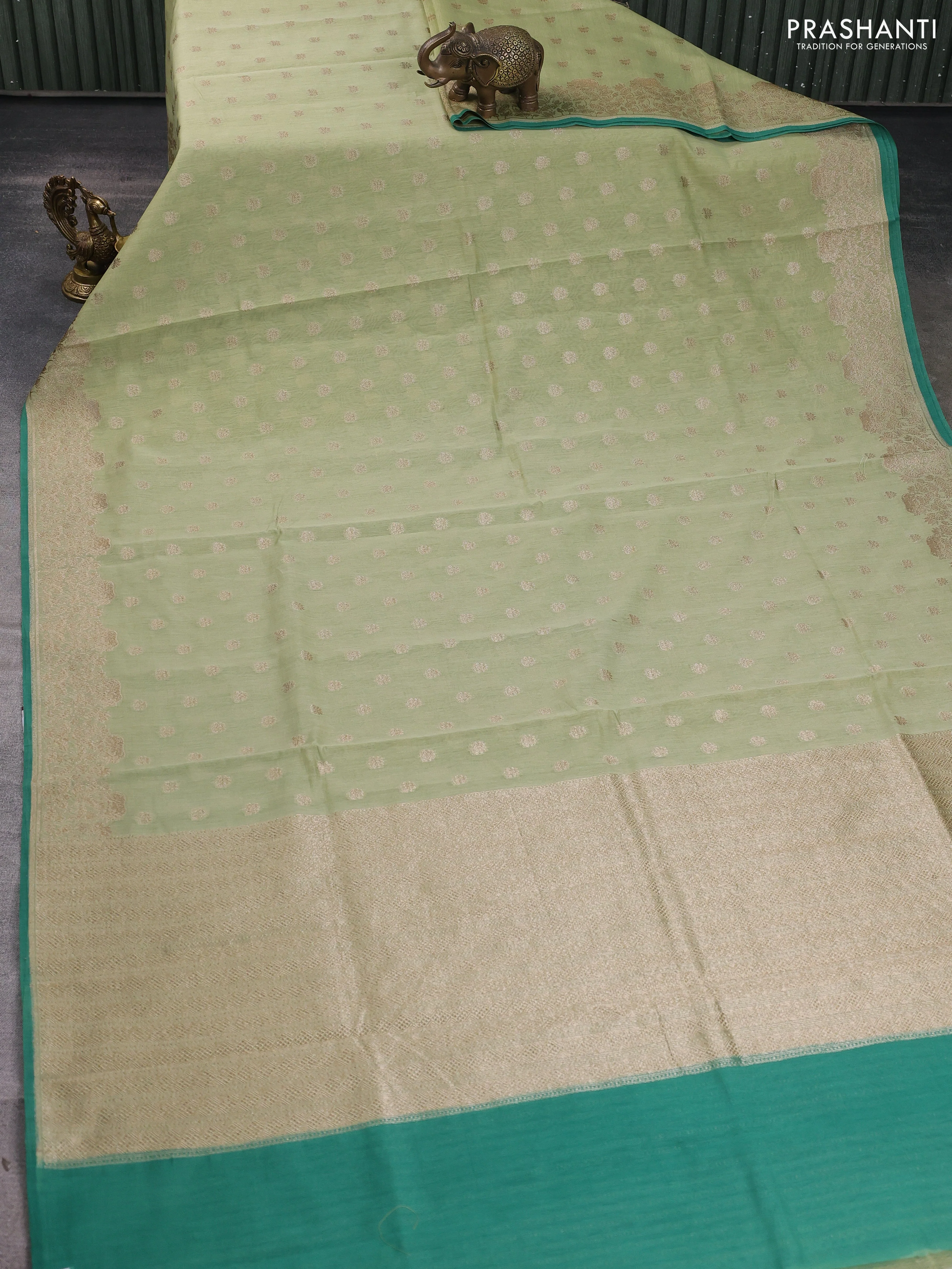 Banarasi silk cotton saree pista green and teal green with allover thread & zari woven buttas and woven border - Image 2
