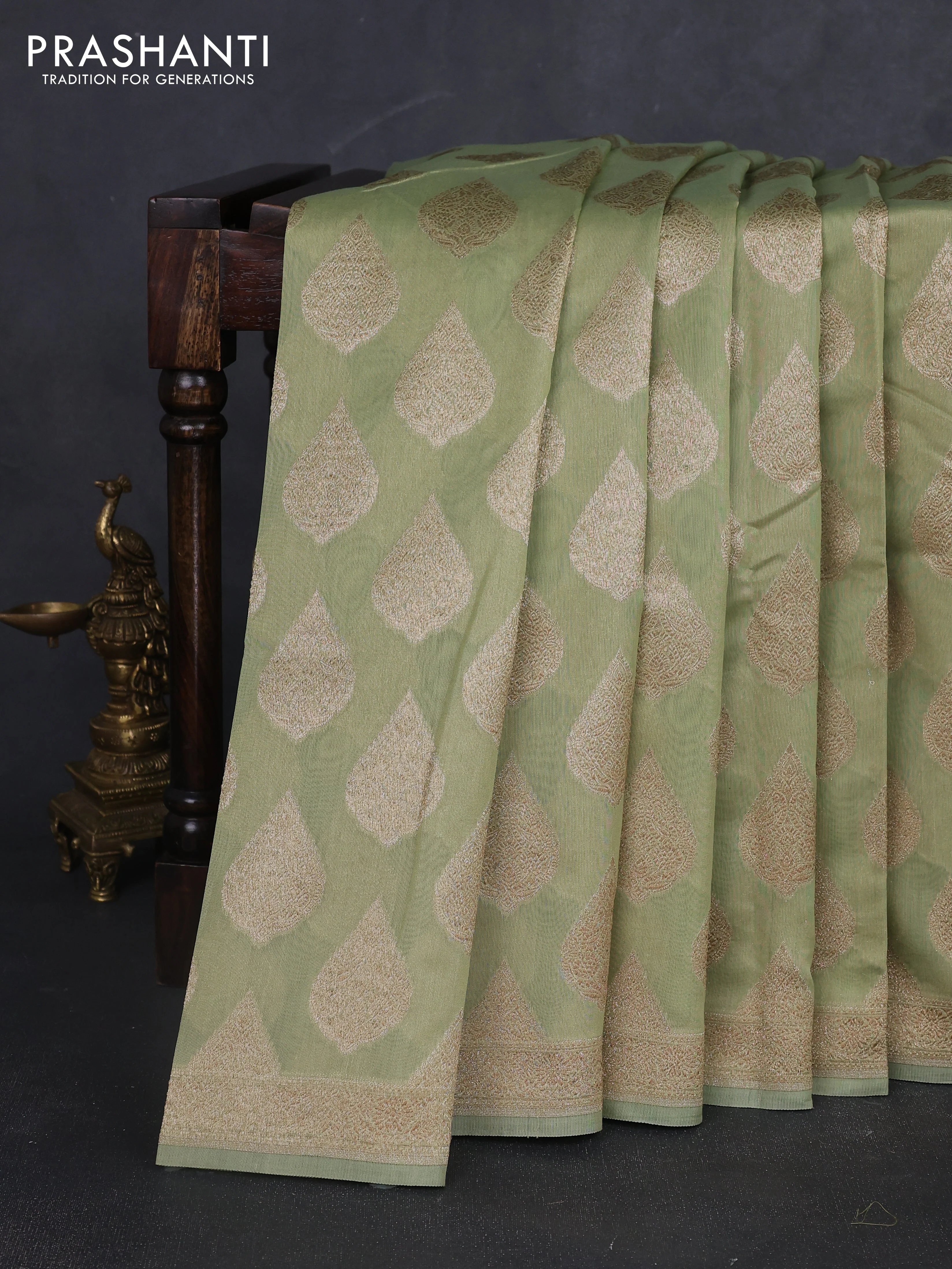 Banarasi silk cotton saree pista green with allover thread & zari woven buttas and woven border