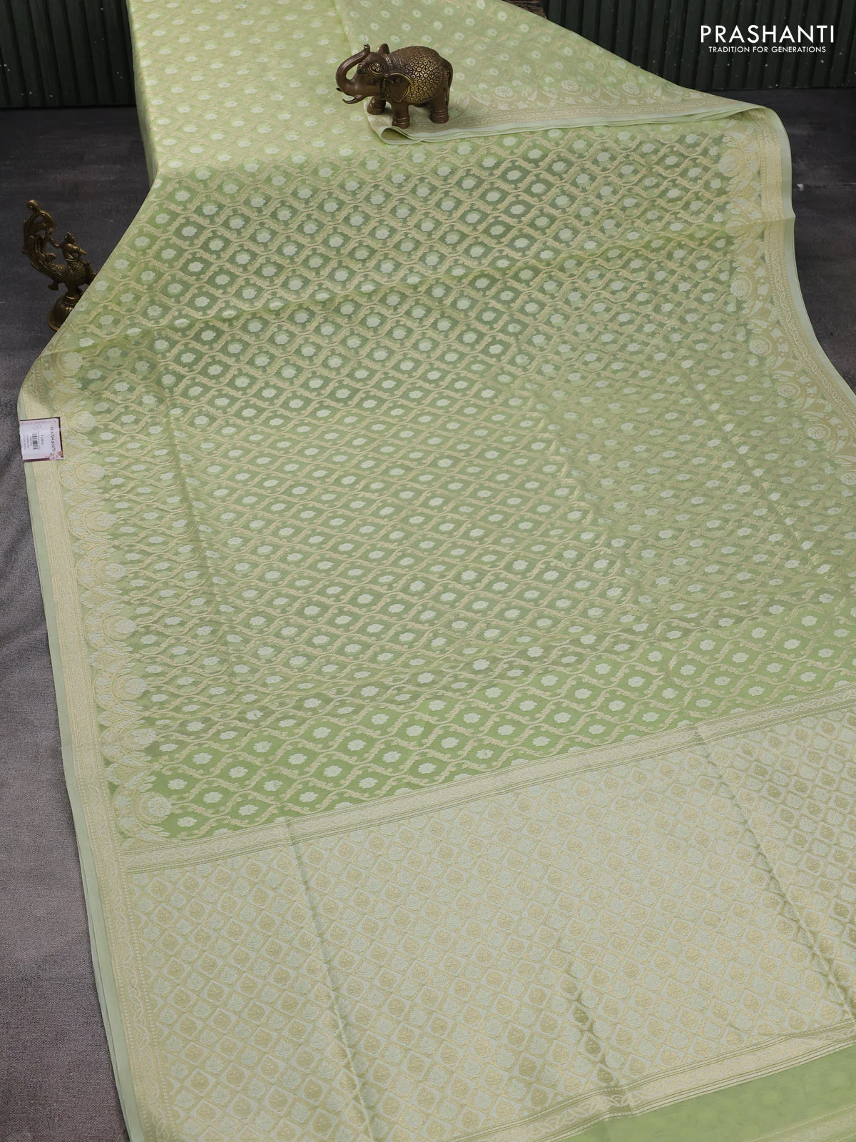 Banarasi silk cotton saree pista green with allover zari weaves and zari woven border - Image 2