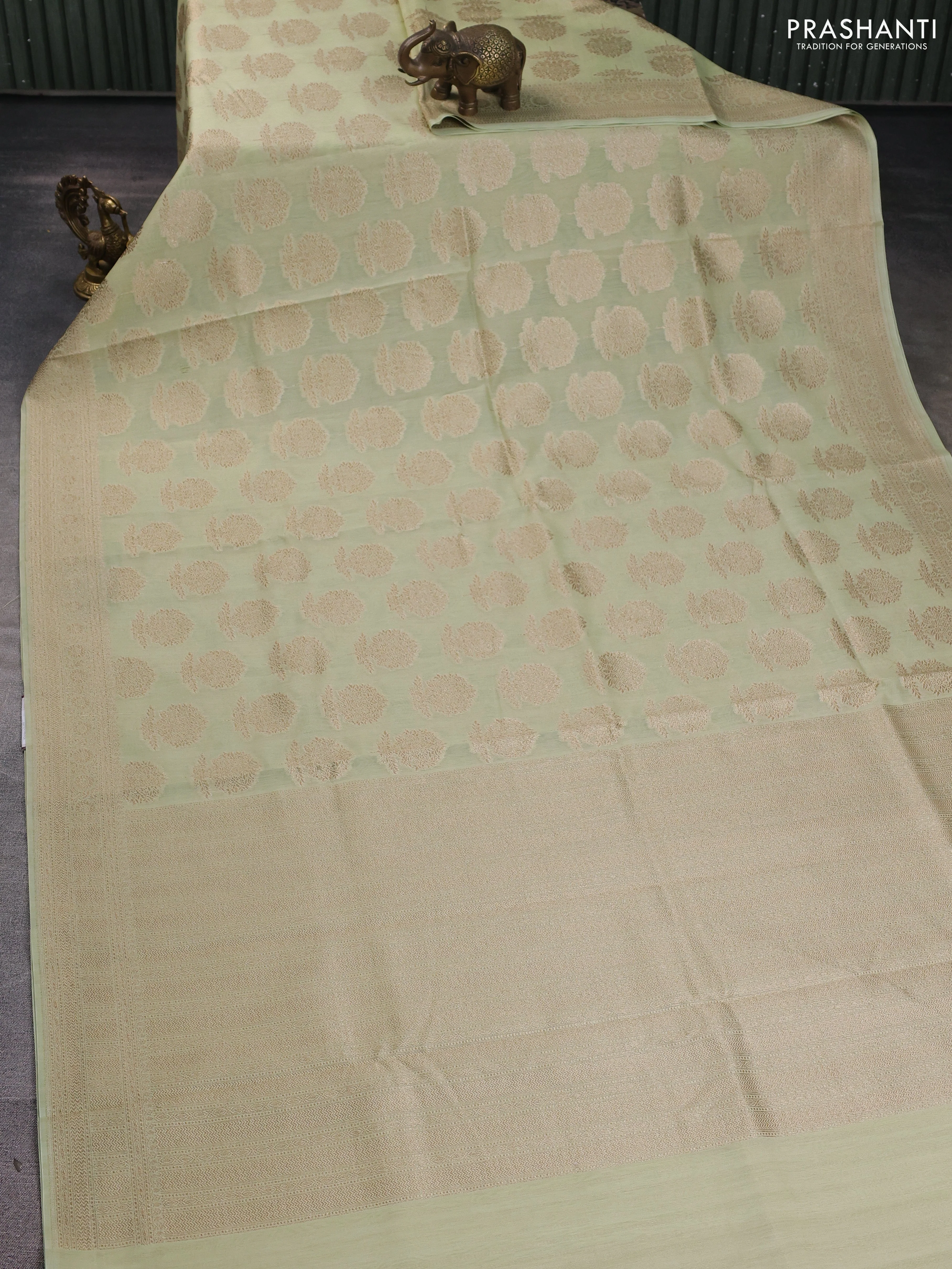 Banarasi silk cotton saree pista green with woven buttas and zari woven border - Image 2