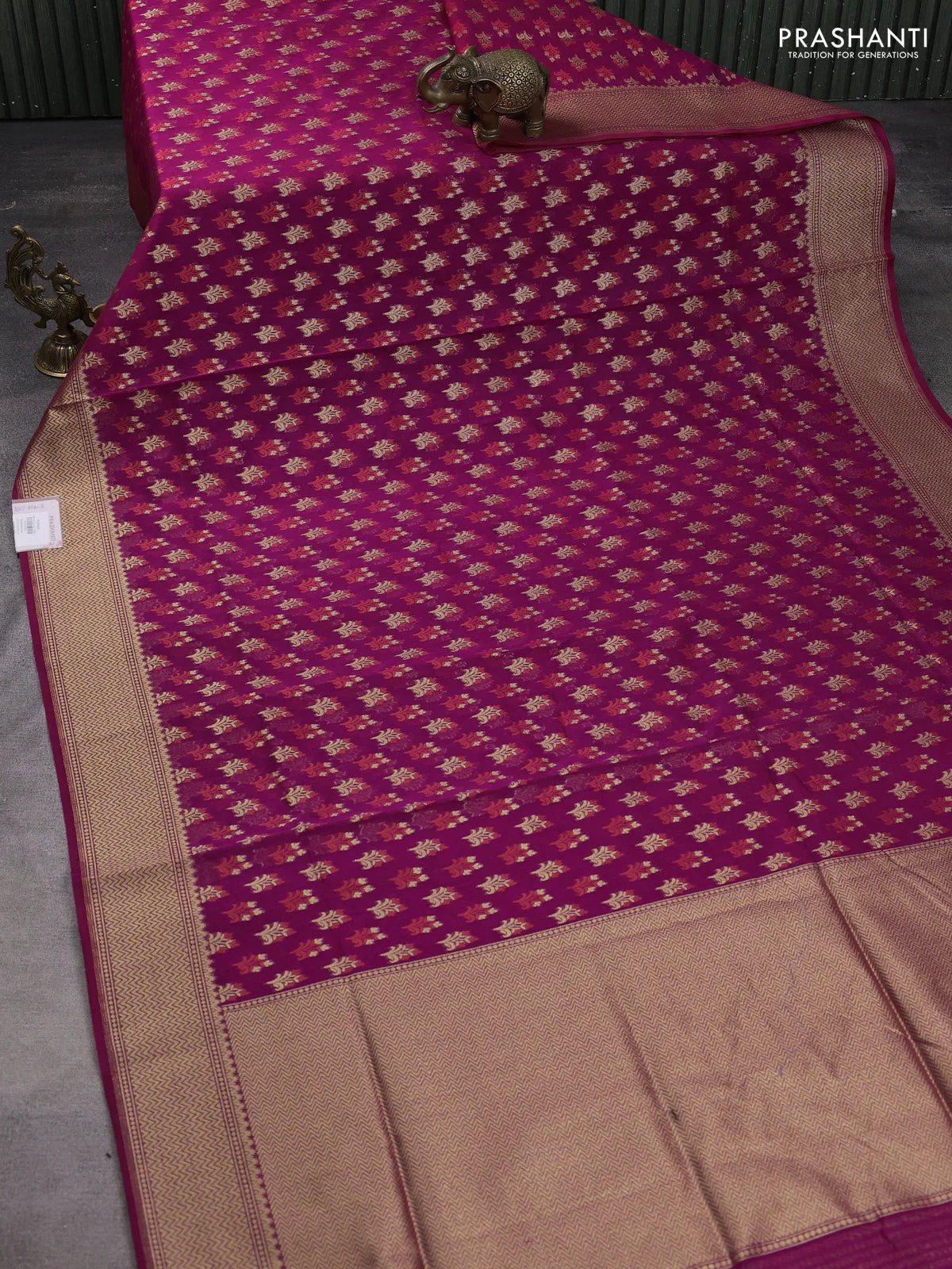 Banarasi silk cotton saree purple with allover zari woven buttas and temple zari woven border - Image 2