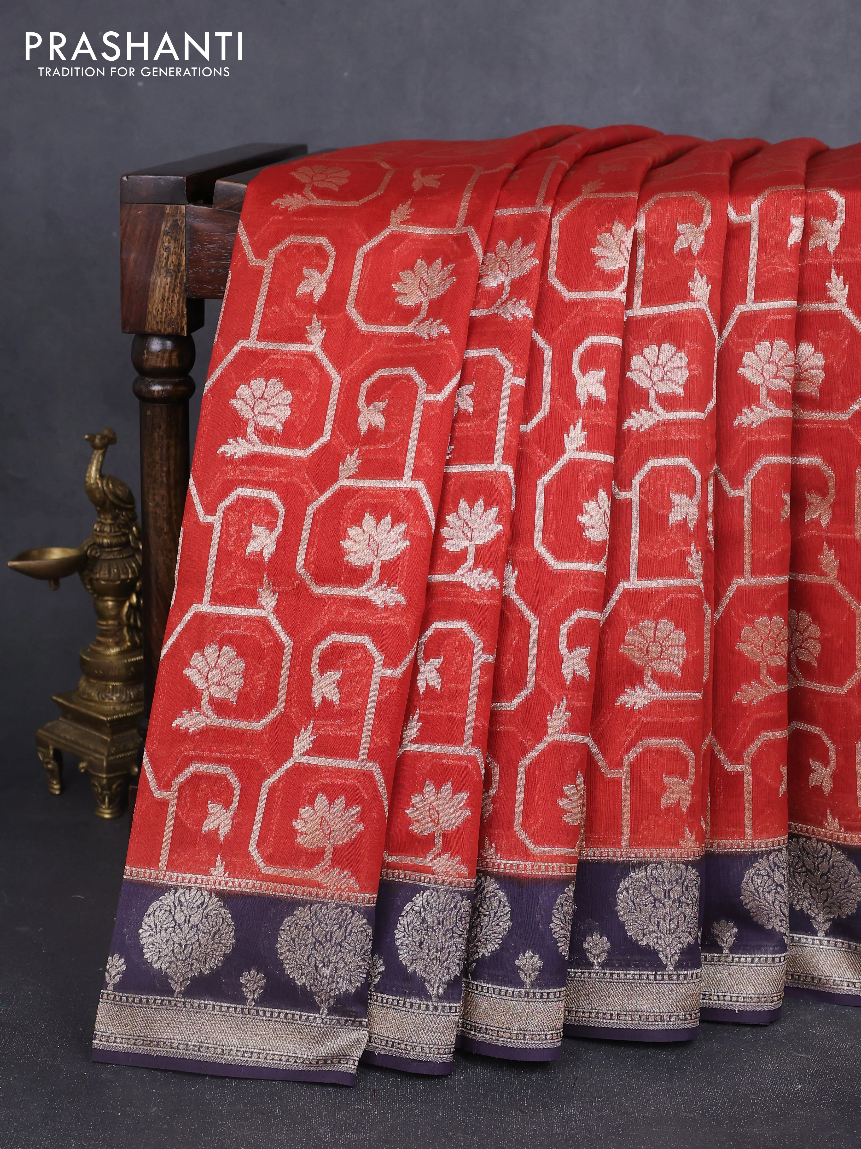 Banarasi silk cotton saree rustic orange and deep jamun with allover zari weaves and zari woven butta border
