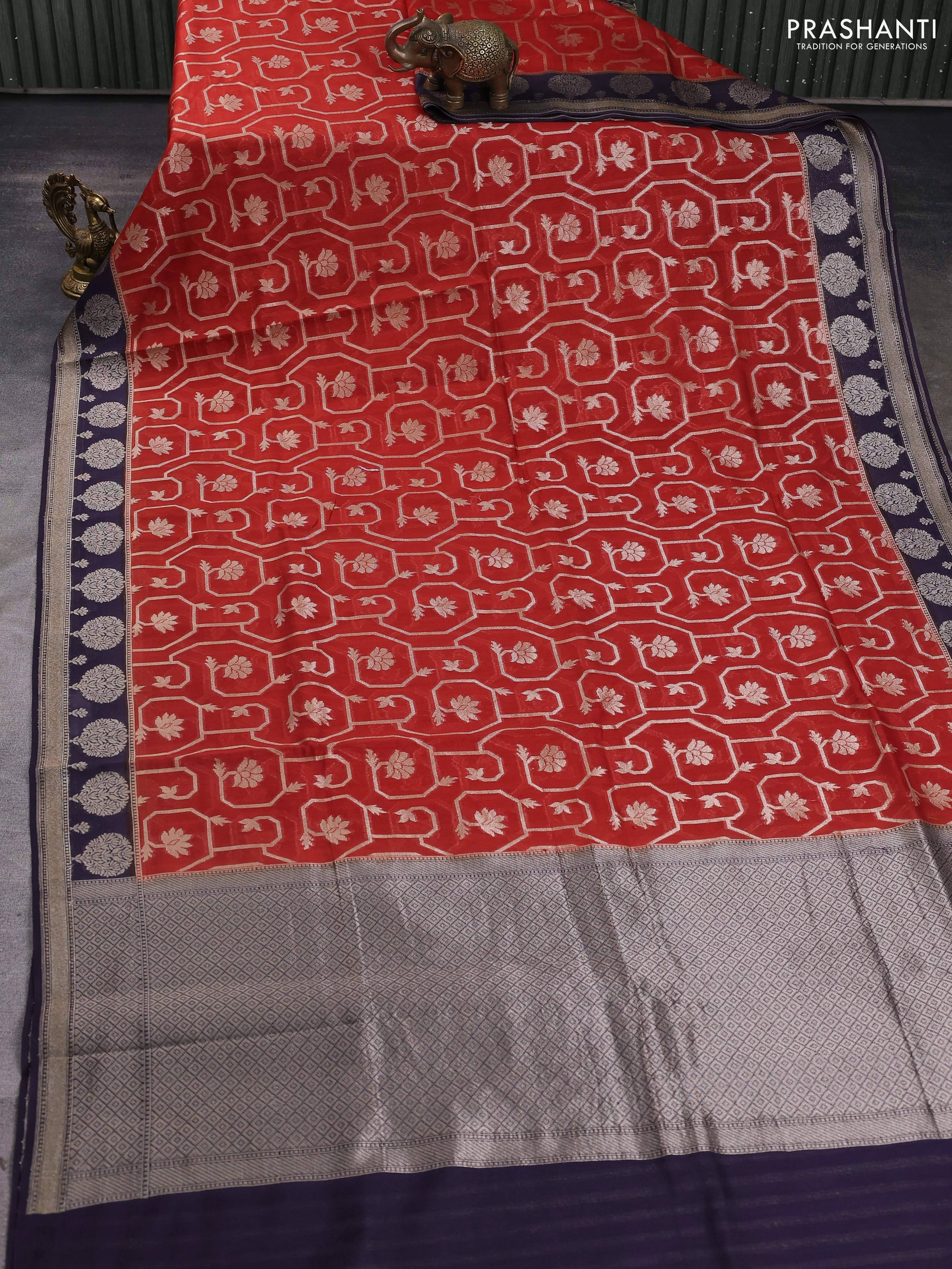 Banarasi silk cotton saree rustic orange and deep jamun with allover zari weaves and zari woven butta border - Image 2