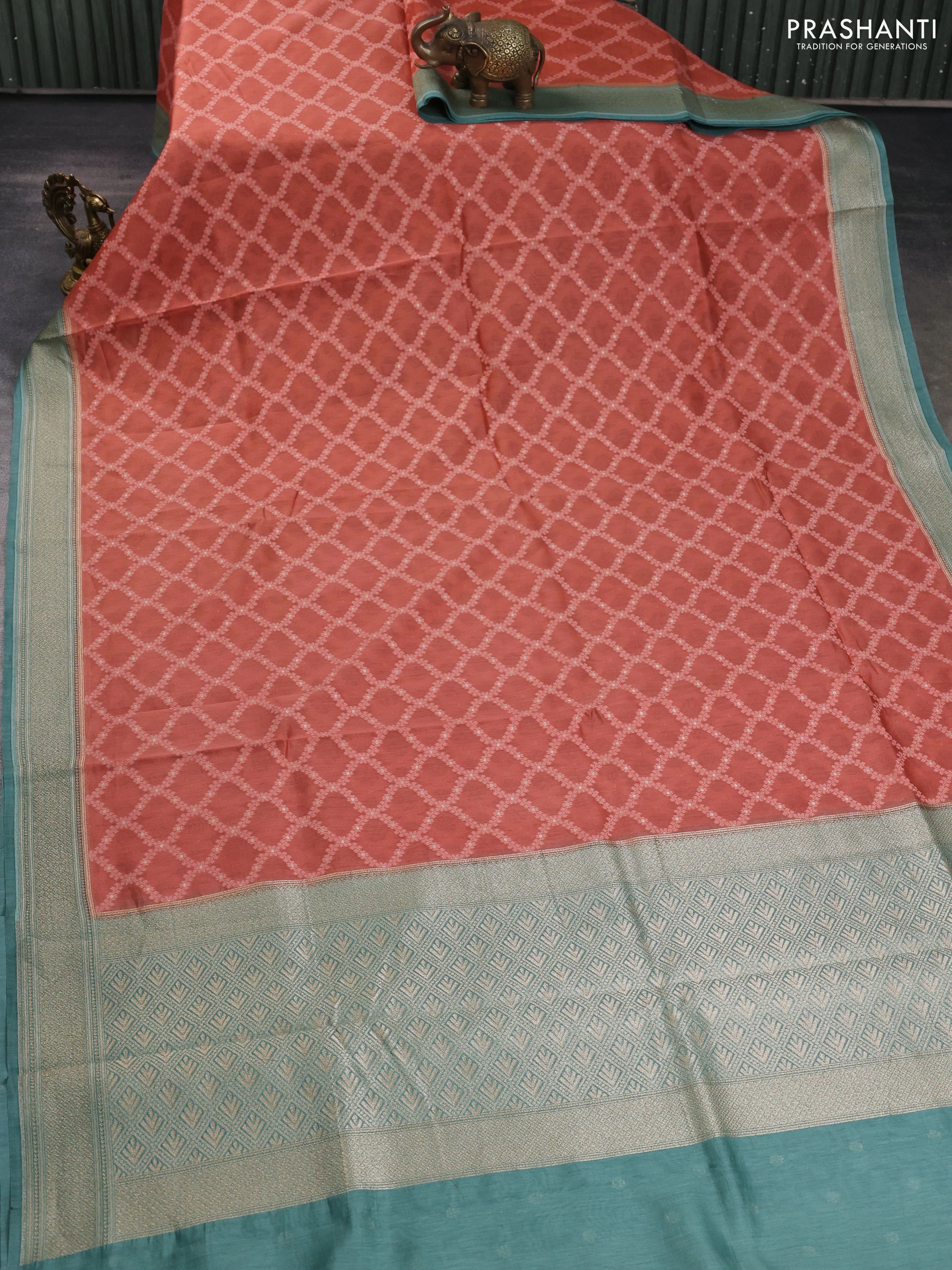 Banarasi silk cotton saree rustic orange and pastel green with allover thread weaves and woven border - Image 2