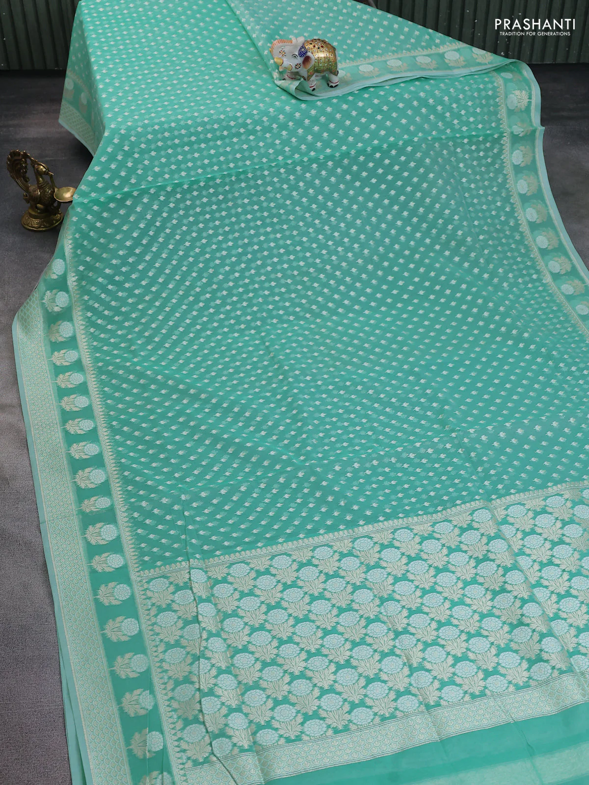 Banarasi silk cotton saree teal blue with allover thread & zari woven buttas and thread & zari woven butta border - Image 2