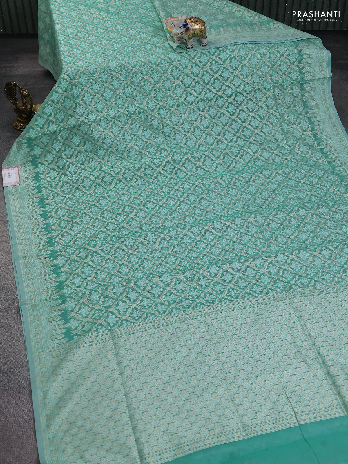 Banarasi silk cotton saree teal blue with allover zari weaves and zari woven border - Image 2