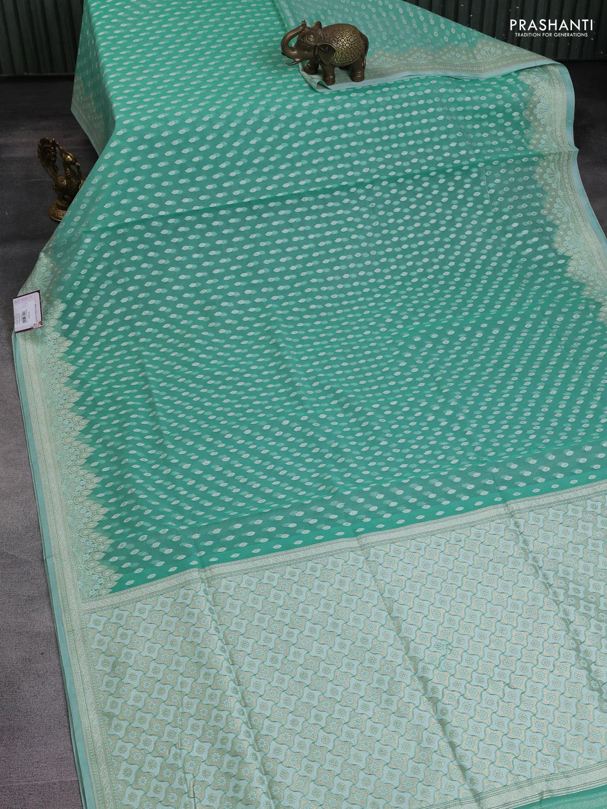Banarasi silk cotton saree teal green with allover thread & zari weaves and thread & zari woven border - Image 2