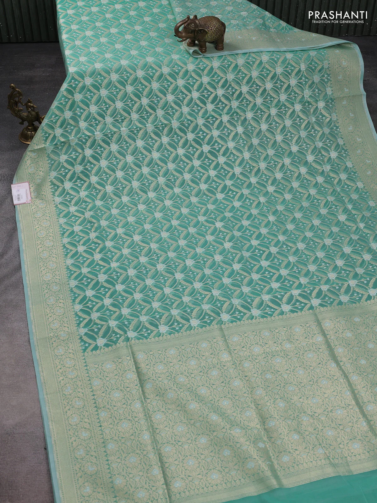Banarasi silk cotton saree teal shade with allover zari weaves and zari woven border - Image 2