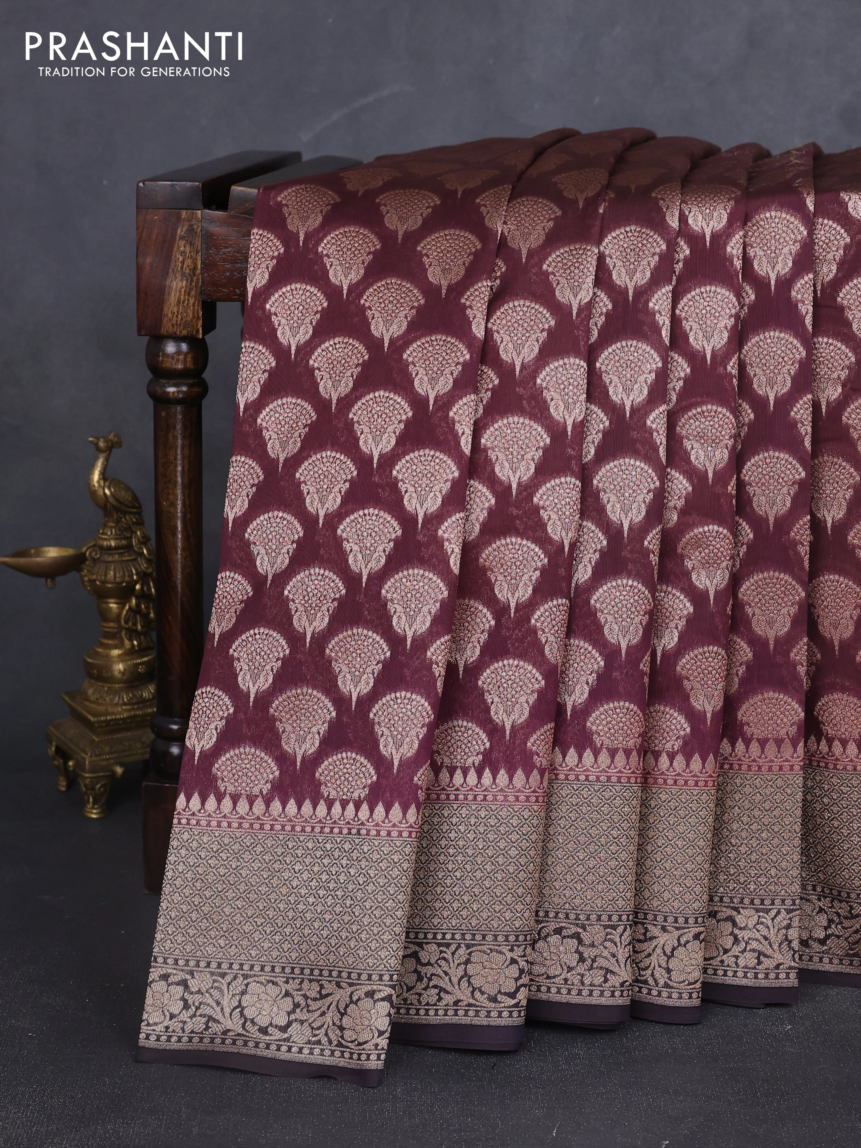 Banarasi silk cotton saree wine shade and coffee brown with allover zari woven buttas and zari woven border
