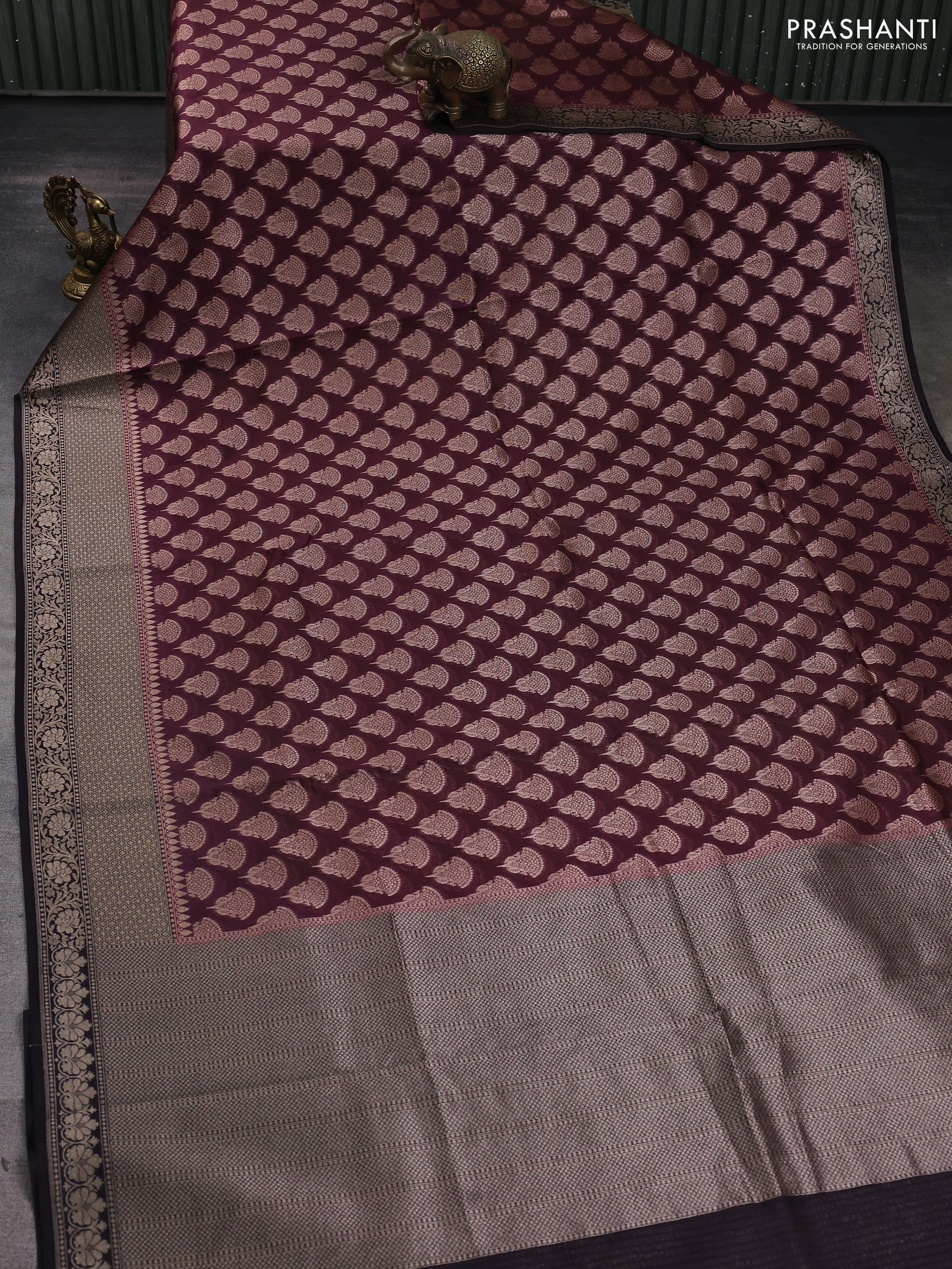 Banarasi silk cotton saree wine shade and coffee brown with allover zari woven buttas and zari woven border - Image 2