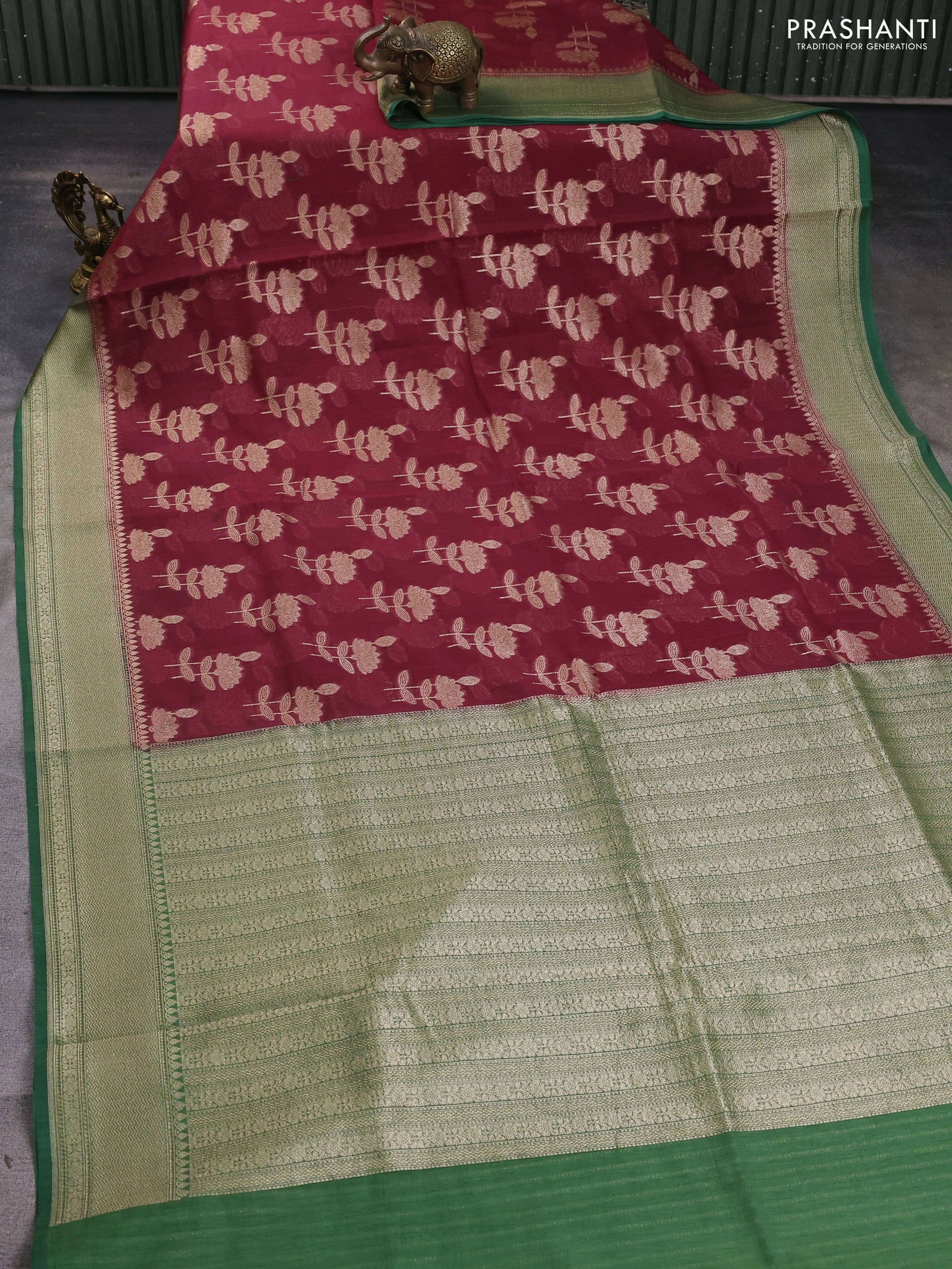 Banarasi silk cotton saree wine shade and green with allover zari woven buttas and zari woven border - Image 2