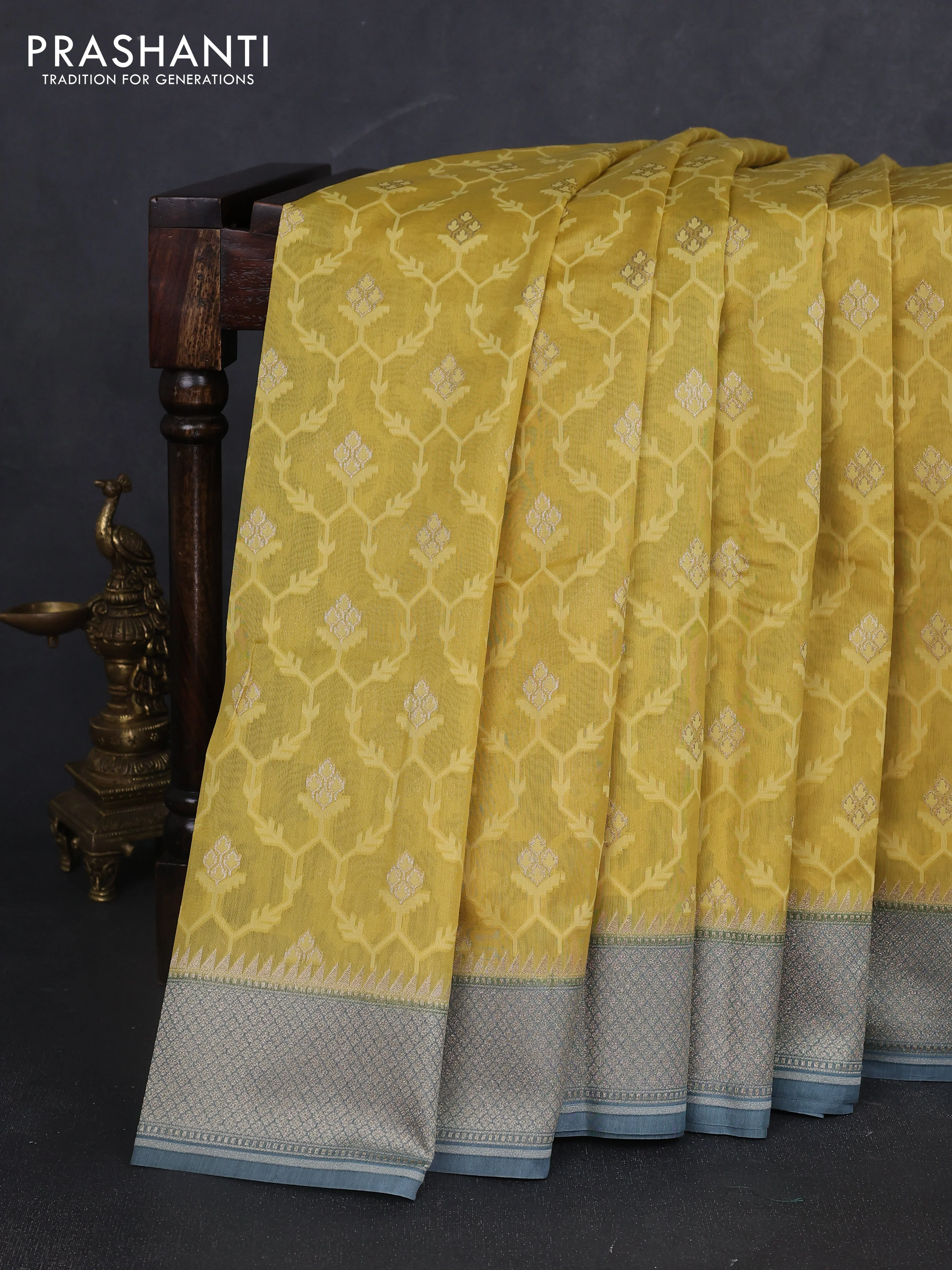 Banarasi silk cotton saree yellow and bluish grey with allover thread weaves & zari woven buttas and zari woven border