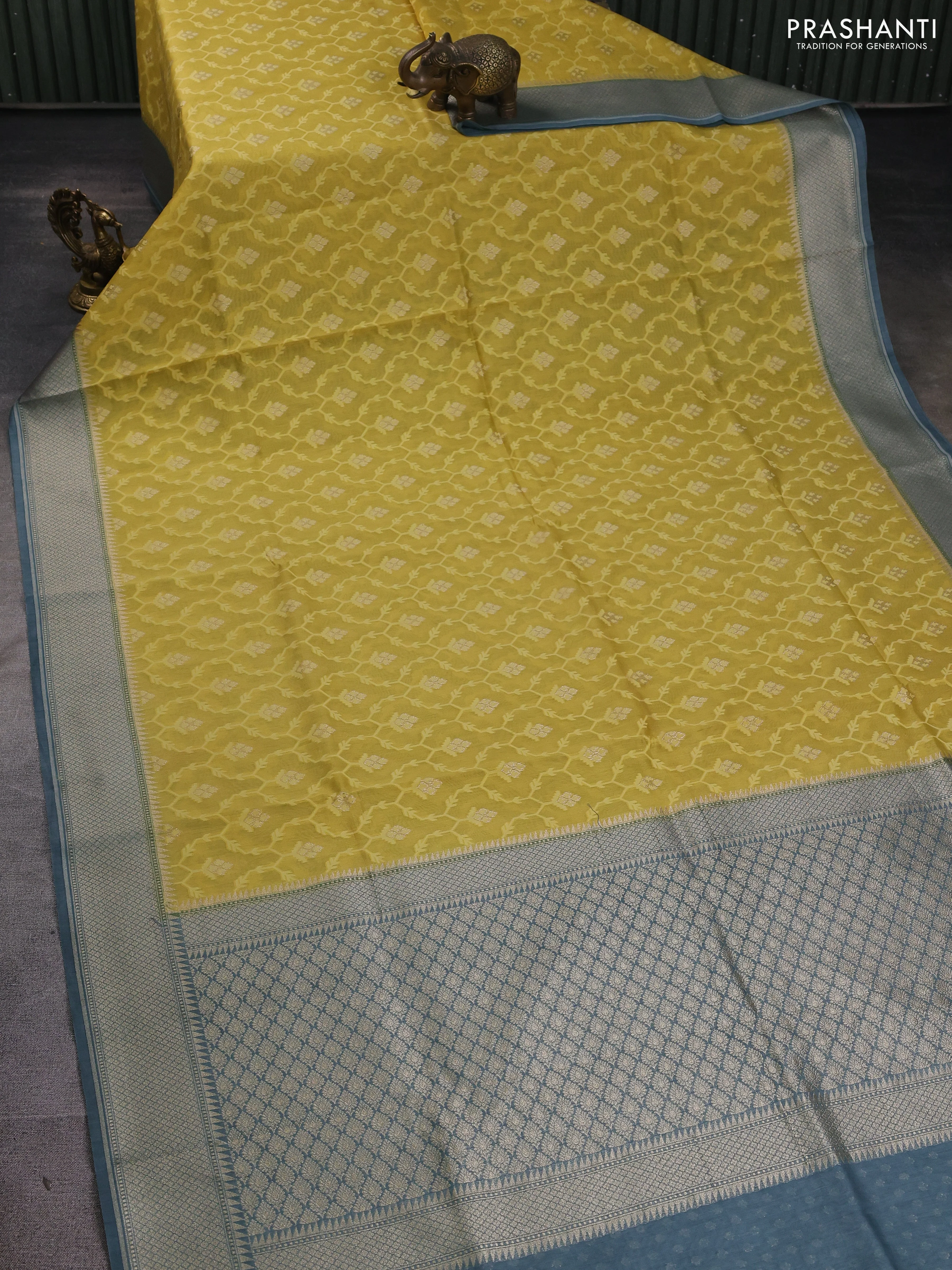 Banarasi silk cotton saree yellow and bluish grey with allover thread weaves & zari woven buttas and zari woven border - Image 2