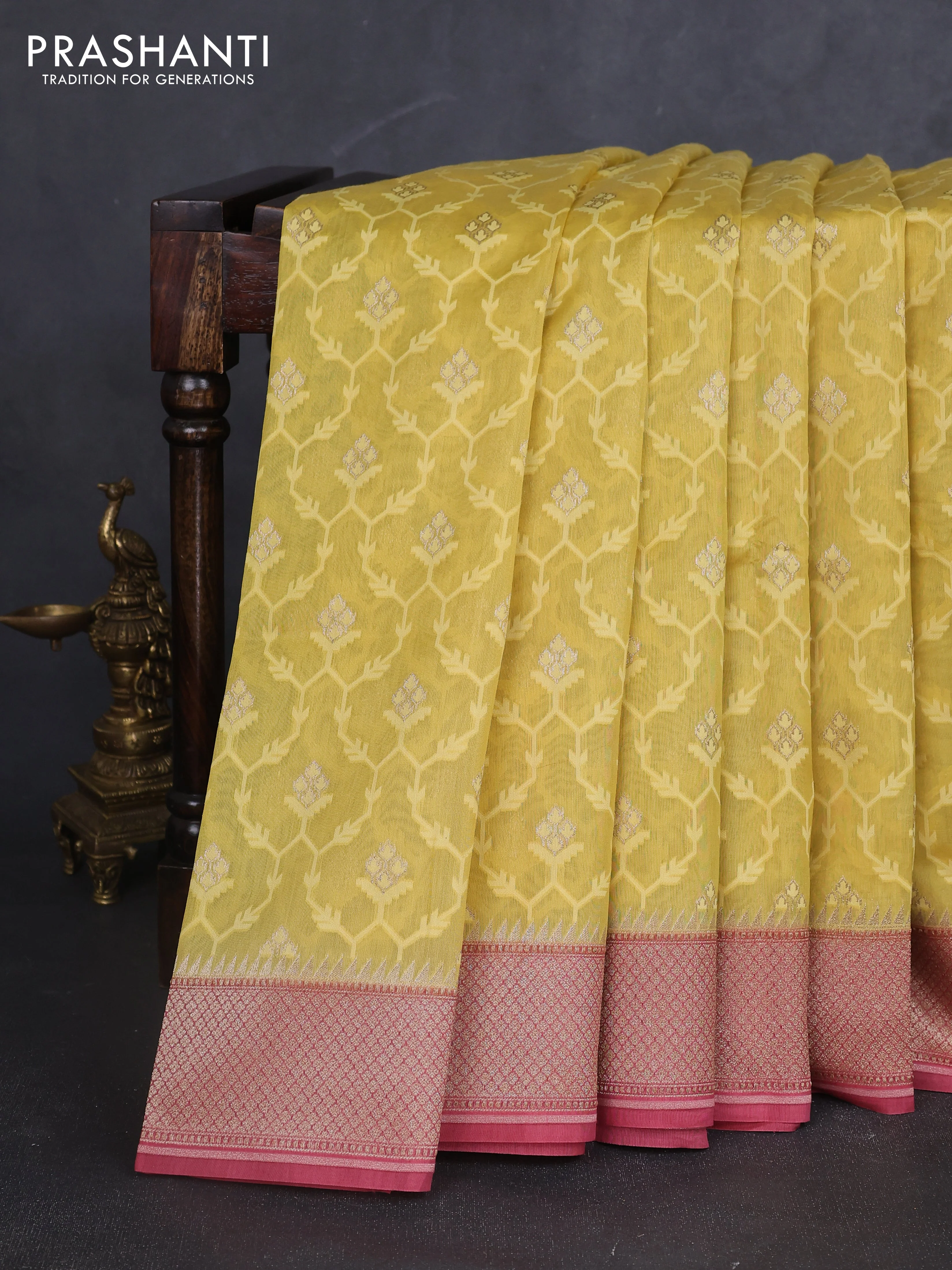 Banarasi silk cotton saree yellow and pink with allover thread weaves & zari woven buttas and zari woven border