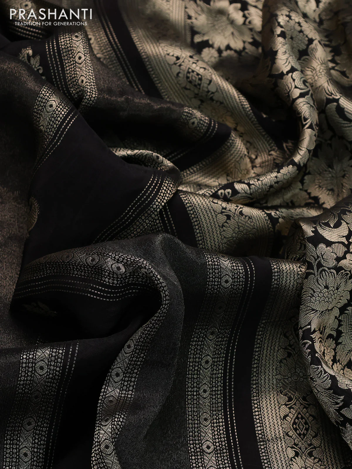 Banarasi silk saree black and pink with allover zari weaves and zari woven border - Image 3