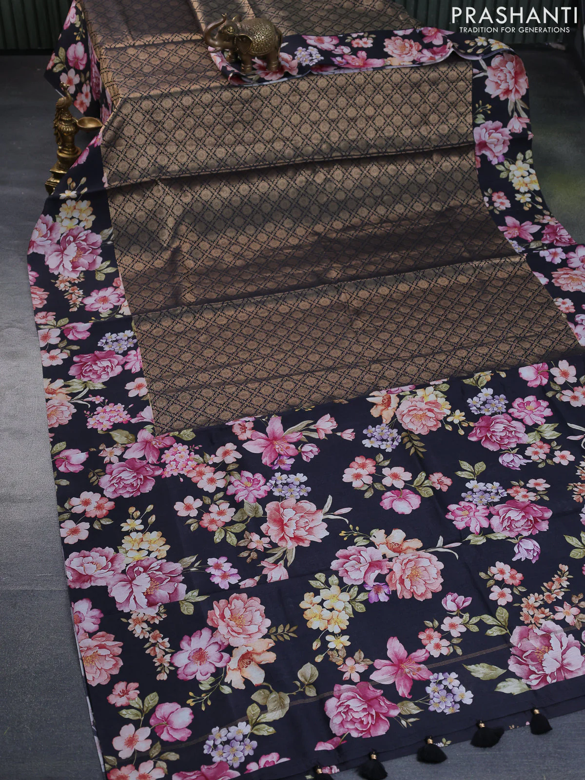 Banarasi silk saree black with allover zari woven brocade weaves and floral digital printed border - Image 2