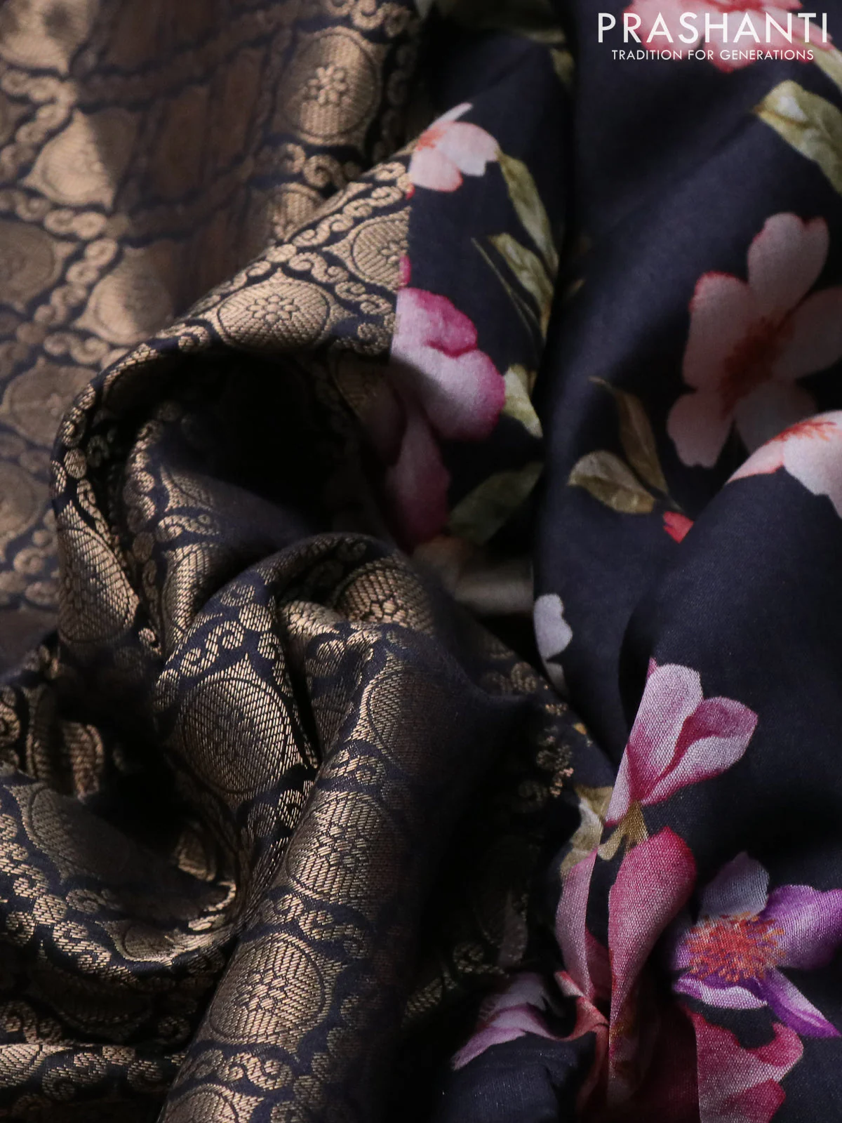 Banarasi silk saree black with allover zari woven brocade weaves and floral digital printed border - Image 3